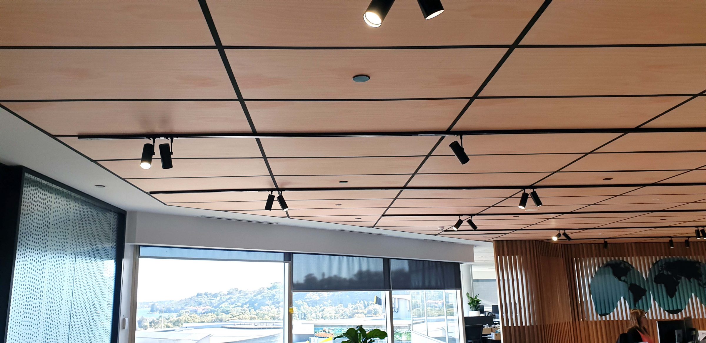 Detail view of woodgrain acoustic ceiling tile