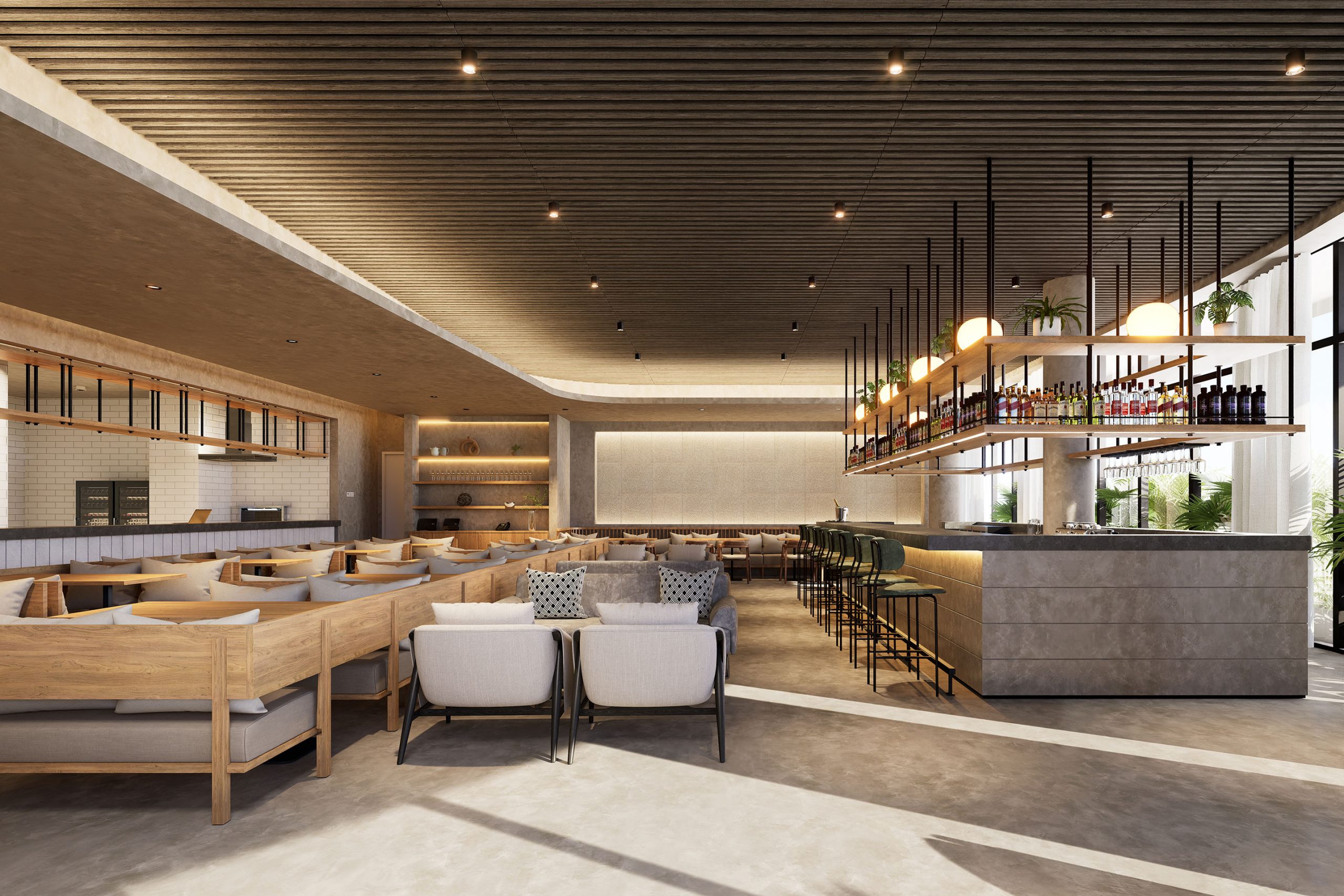A modern, spacious restaurant interior with wooden and concrete elements features an acoustic felt ceiling frame. The seating area includes wooden tables, gray cushioned chairs, and sofas. The bar has high chairs and hanging shelves with bottles and plants. Subdued lighting enhances the cozy atmosphere.