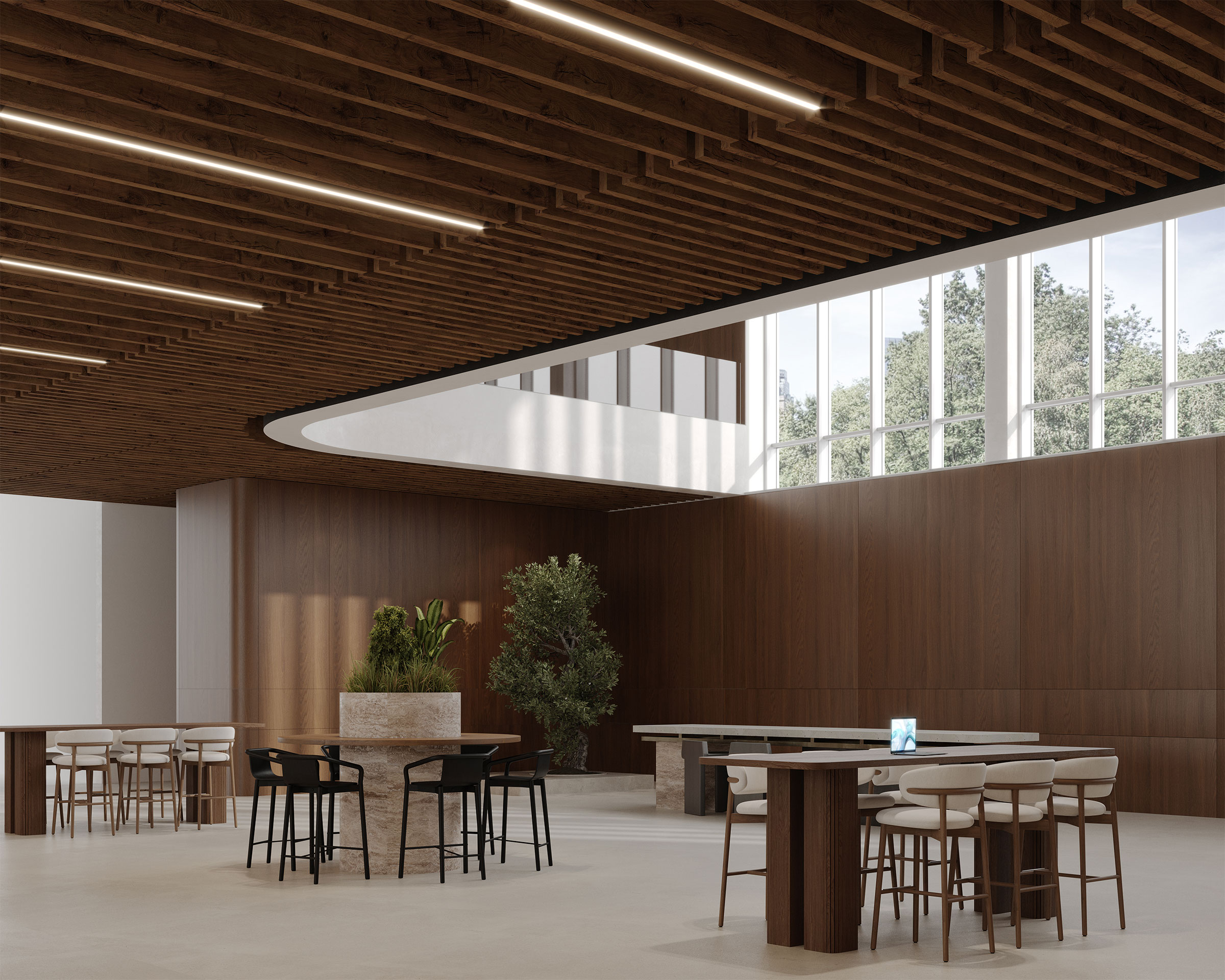 A spacious, modern interior with woodgrain acoustic felt ceiling baffles and wall panels features seating areas with a mix of high stools and regular chairs, a large rectangular table, and potted plants. Natural light streams in through a large, curved floor-to-ceiling window.