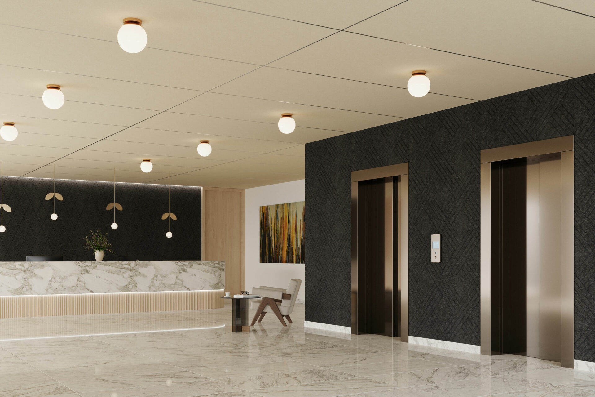 A modern hotel lobby with marble flooring features two elevators with dark textured walls on the right. The reception desk, adorned with a marble front and three pendant lights above, sits on the left. Solid acoustic felt ceiling panels enhance the ambiance, while a modern chair and small table occupy the corner.