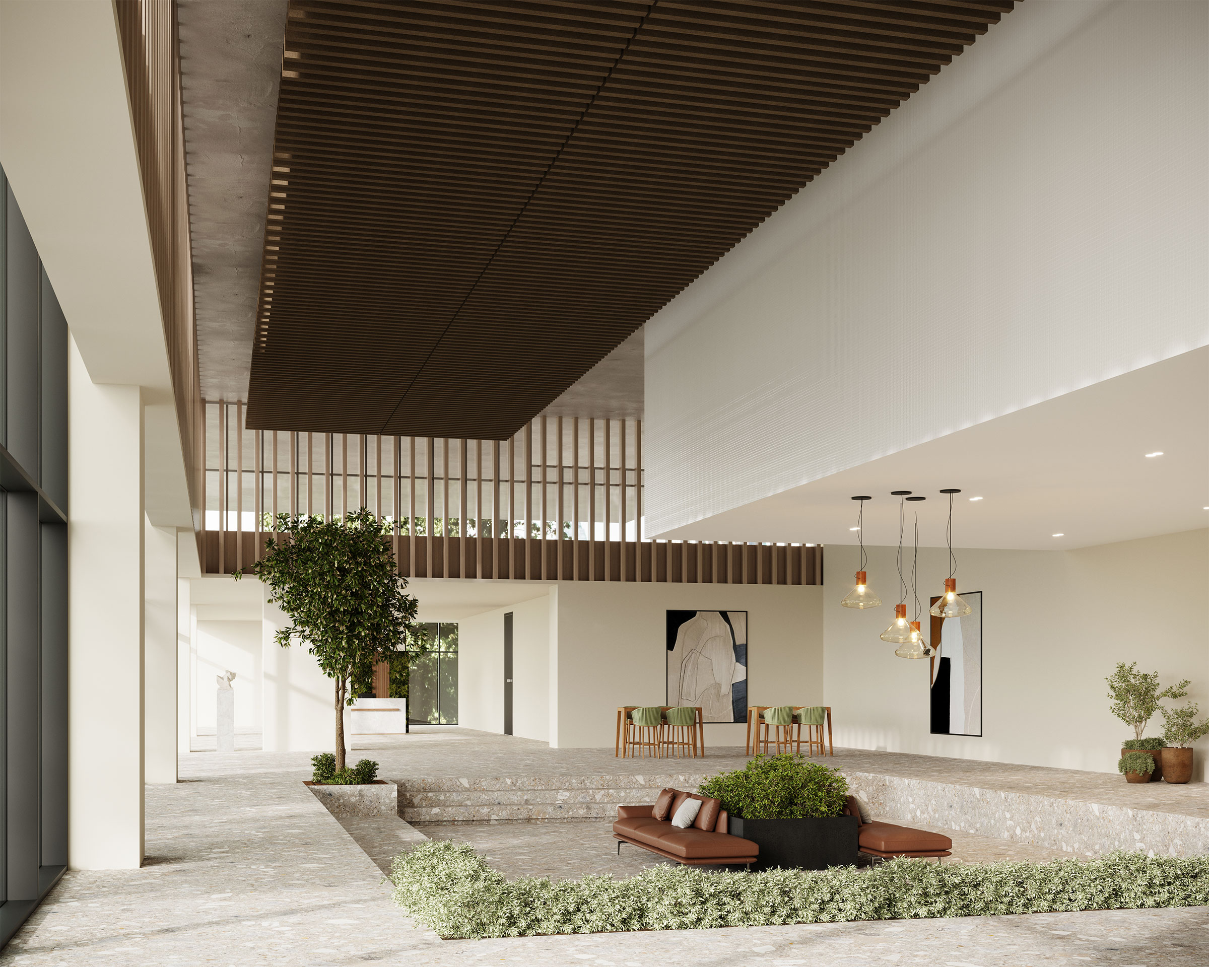 Modern indoor space with a minimalist design featuring a high ceiling accented by acoustic felt ceiling baffles, a lounge area with plants and brown cushioned seating, and a wall adorned with abstract art. Hanging lights and light-colored walls create a serene ambiance.
