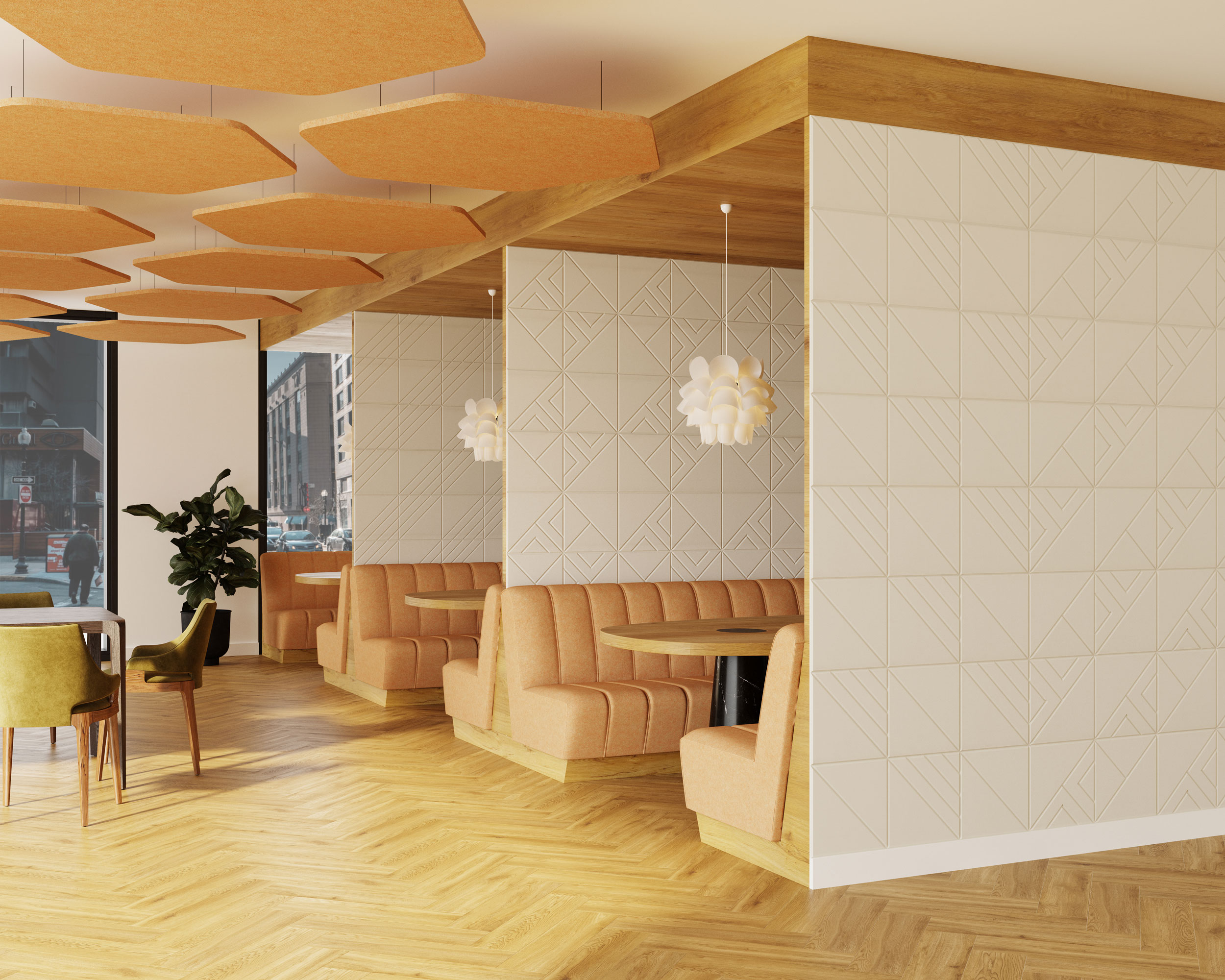 A modern restaurant interior featuring light wood floors, geometric white wall tiles, and cozy booth seating with orange cushions. Overhead, hexagon acoustic felt ceiling clouds and white pendant lights enhance the ambience. A potted plant and large windows add natural elements.