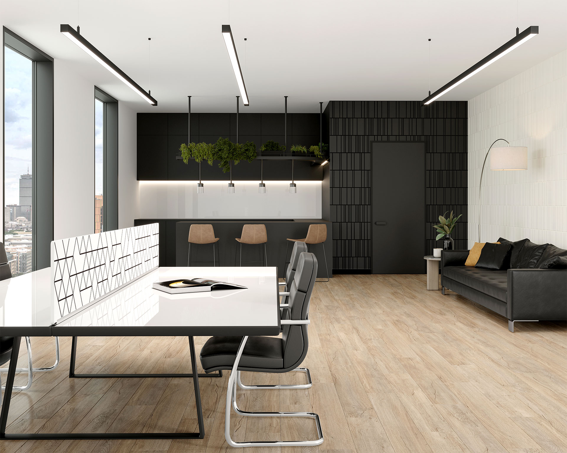 A modern office space with a sleek white conference table, black chairs, and hanging lights. The background features a small bar area with high chairs, plants, a black couch with yellow cushions, and wooden flooring throughout. Large windows bring in natural light. Acoustic felt wall tiles add a touch of elegance and improve sound quality.