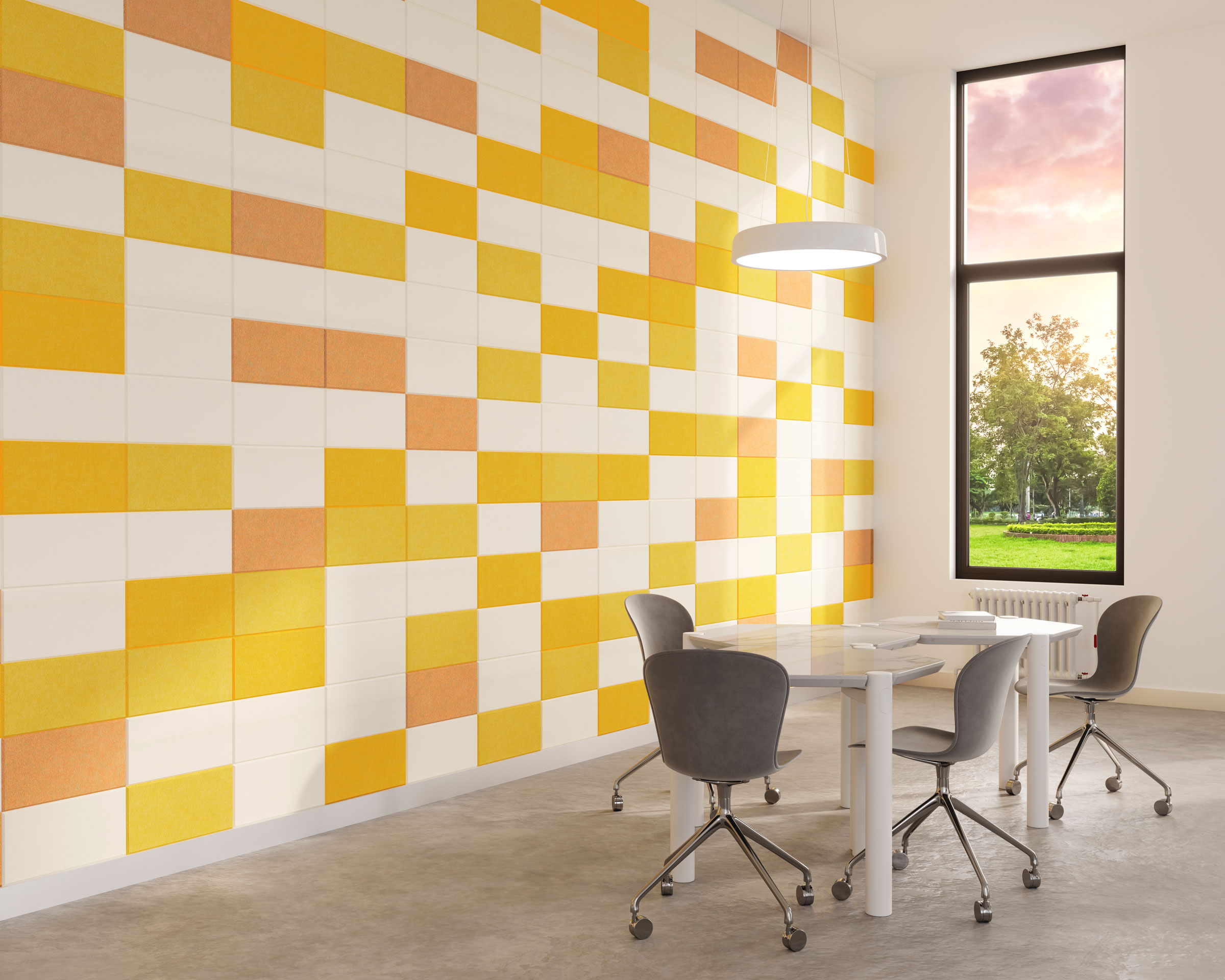 A modern office with a vibrant yellow and white checkered acoustic felt wall, a circular ceiling light, and a tall window showing a scenic view outside. In the room, there's a white table with four sleek gray chairs on wheels.