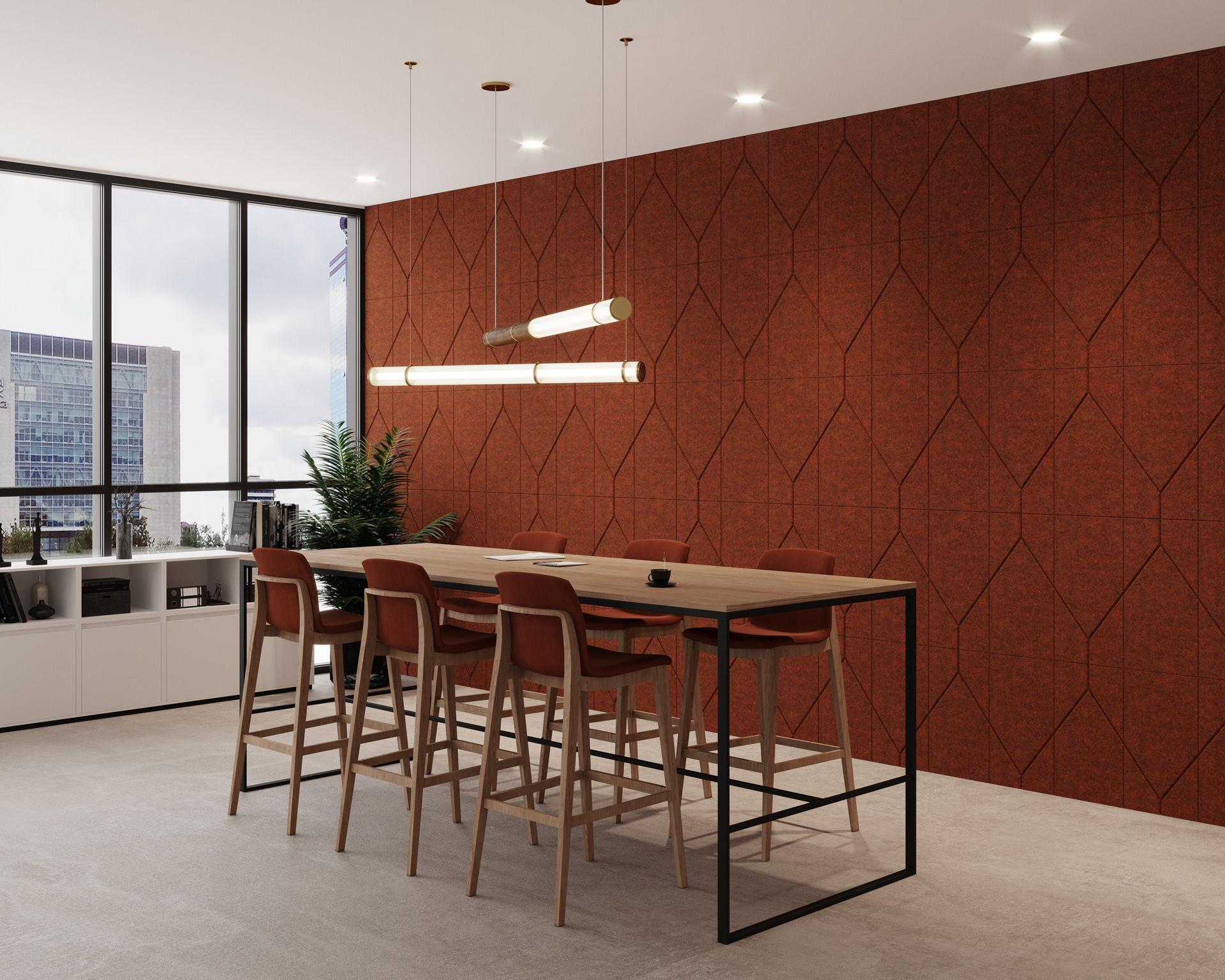 Modern dining room with a high wooden table and six matching high chairs. The backdrop features a geometric-patterned red wall enhanced with acoustic felt wall tiles. Overhead, two sleek, horizontal pendant lights hang. Large windows let in natural light, and there are plants on the sideboard.