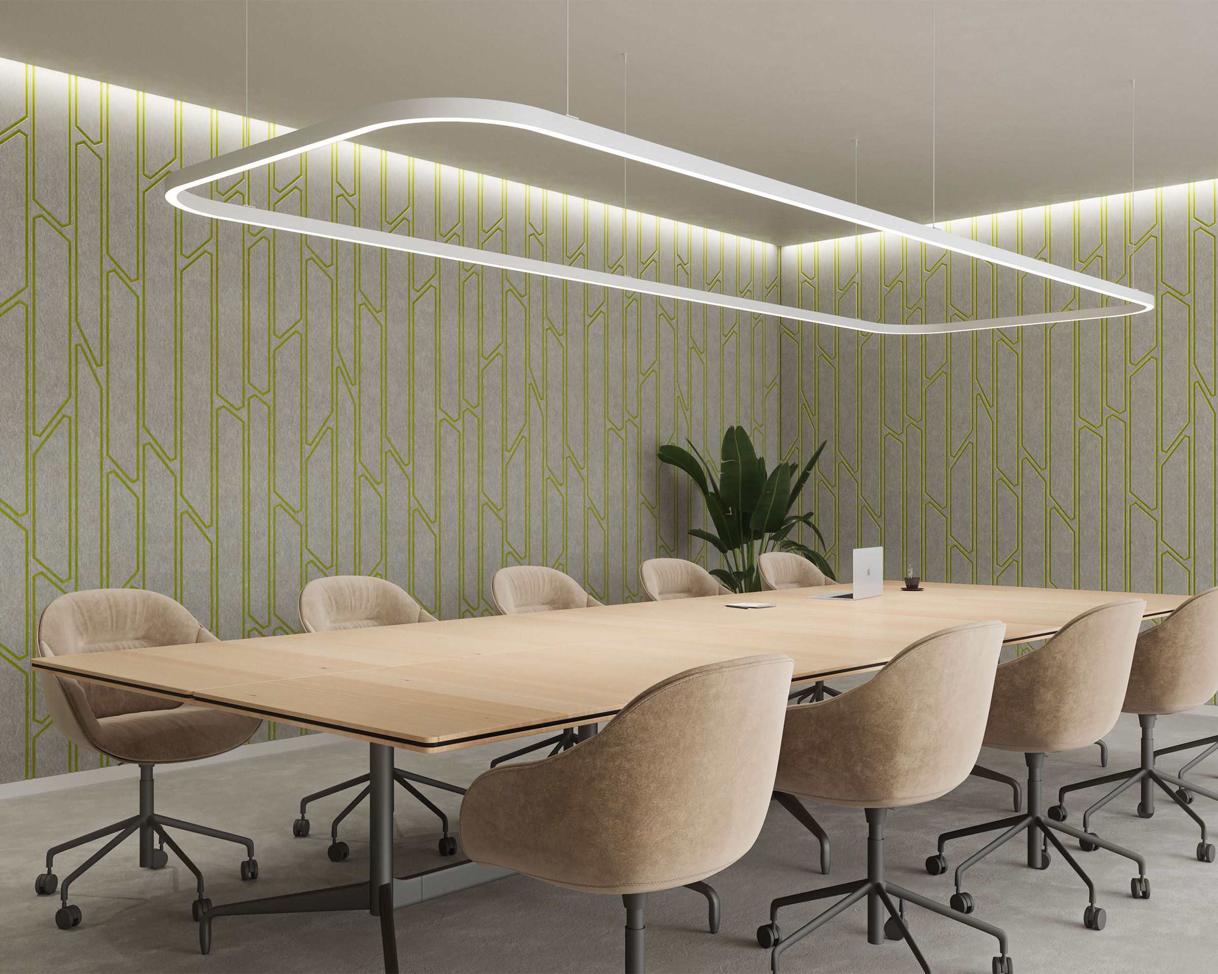 Modern conference room with a long wooden table surrounded by beige upholstered swivel chairs. The walls feature green and gray acoustic felt wall panels, and there's a rectangular ring-shaped light fixture hanging from the ceiling. A potted plant sits in the corner.