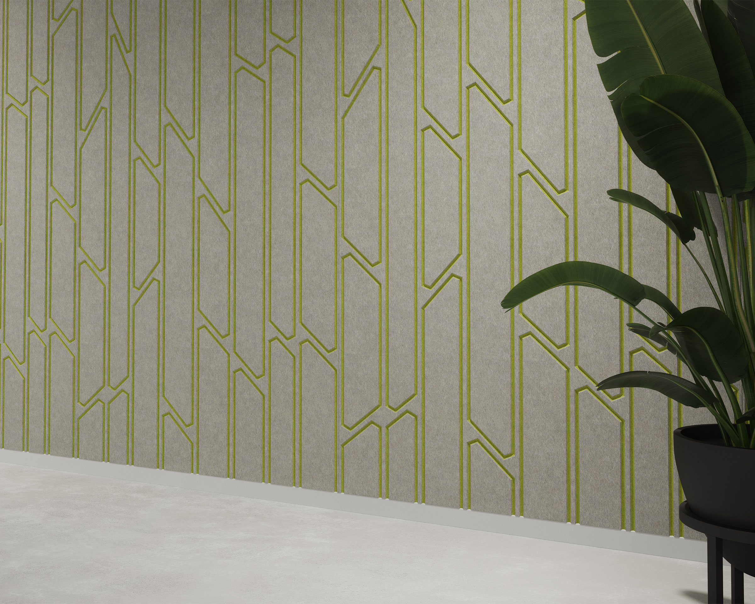 A modern, minimalist interior featuring an acoustic felt wall panel adorned with an abstract lime green geometric pattern. A large potted plant with broad green leaves stands to the right, partially in the frame, on a smooth light-grey floor.