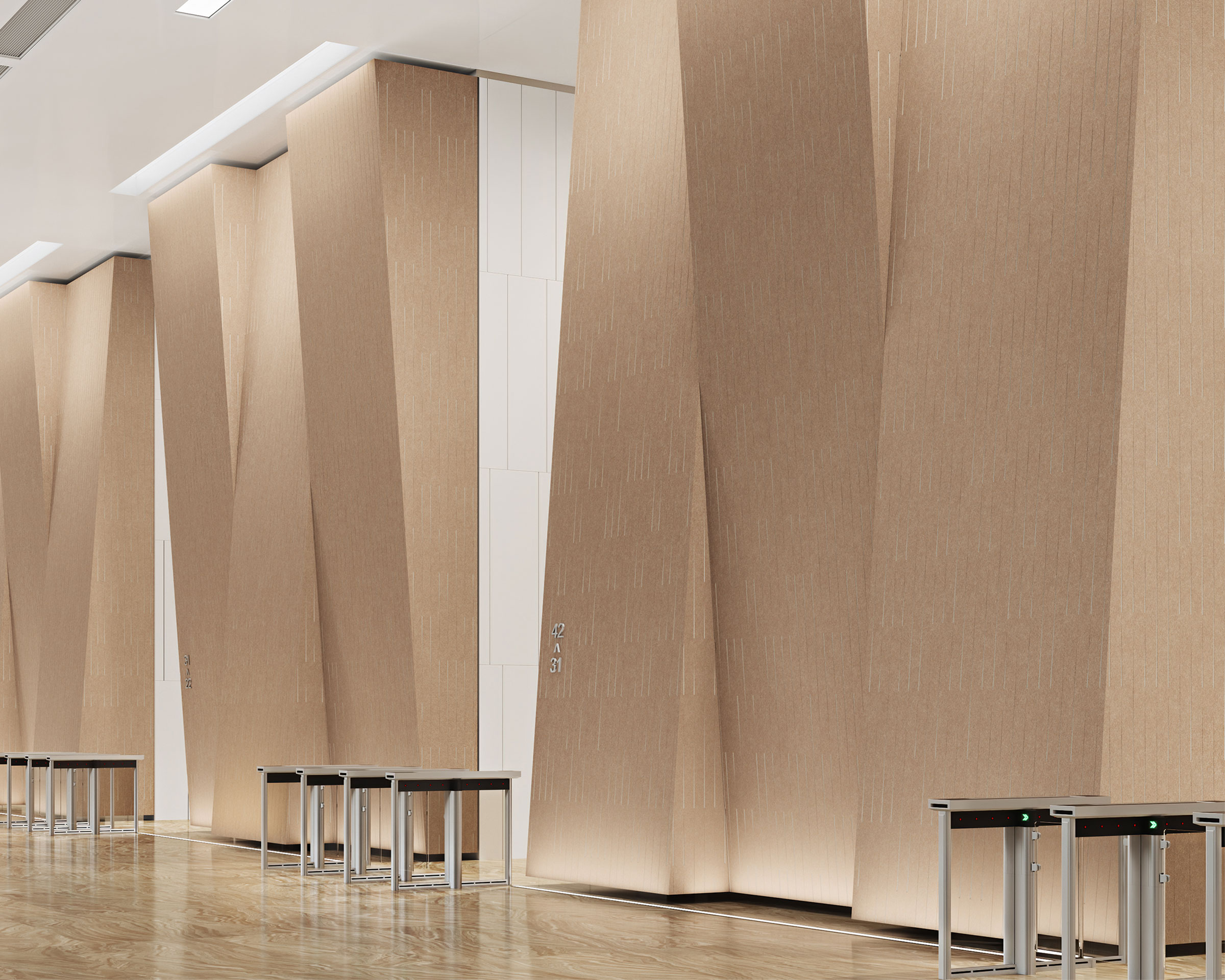 A modern interior features tall, angular acoustic felt wall panels that add a decorative touch. The space boasts a shiny wooden floor and is minimalistically decorated with small, square tables positioned against the wall. Ceiling lights illuminate the area softly.