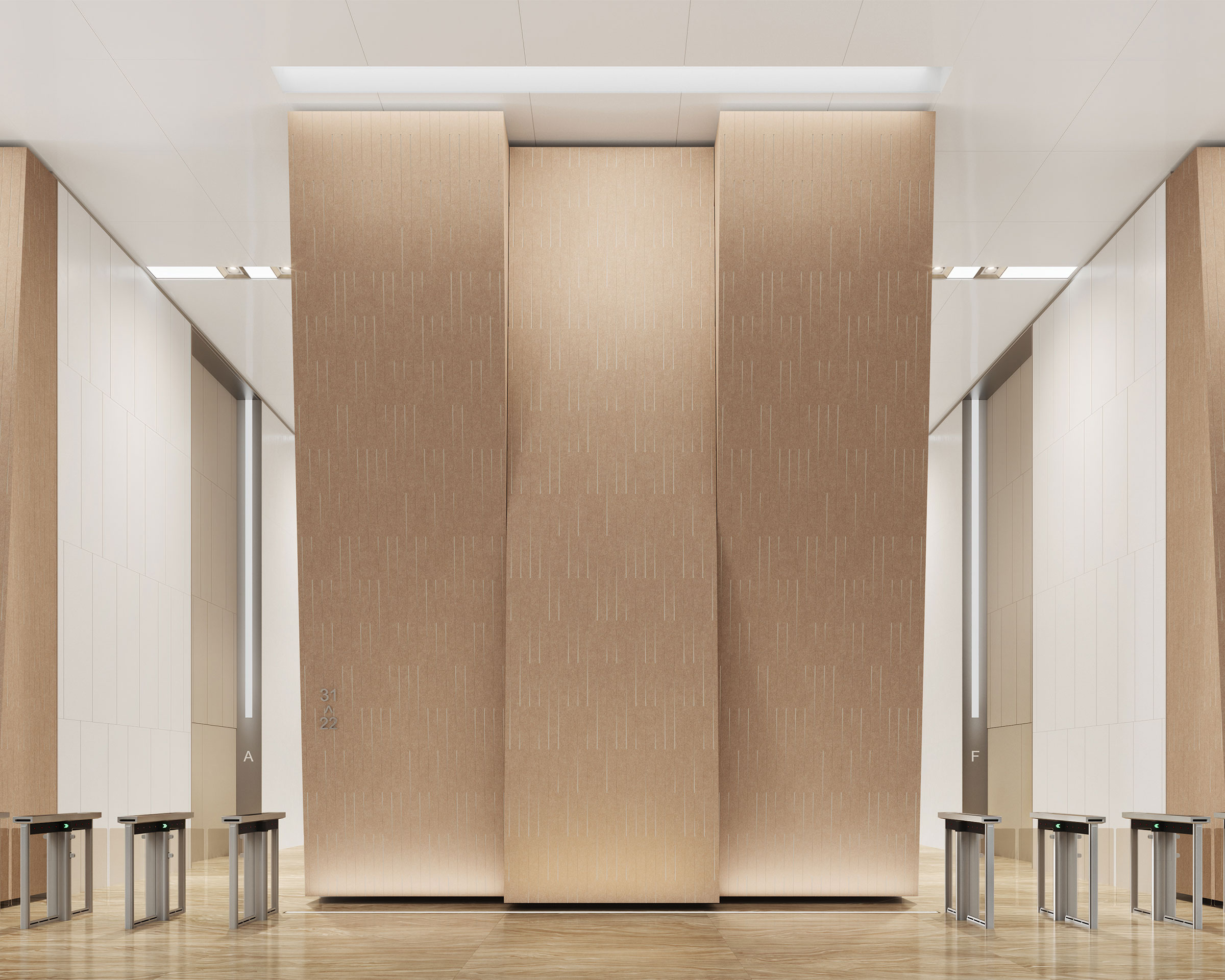 A modern, spacious, and minimalistic elevator lobby with beige acoustic felt wall panels and sleek metal benches. The area is illuminated with recessed ceiling lights, creating a bright and clean atmosphere. The elevators are framed by reflective surfaces.