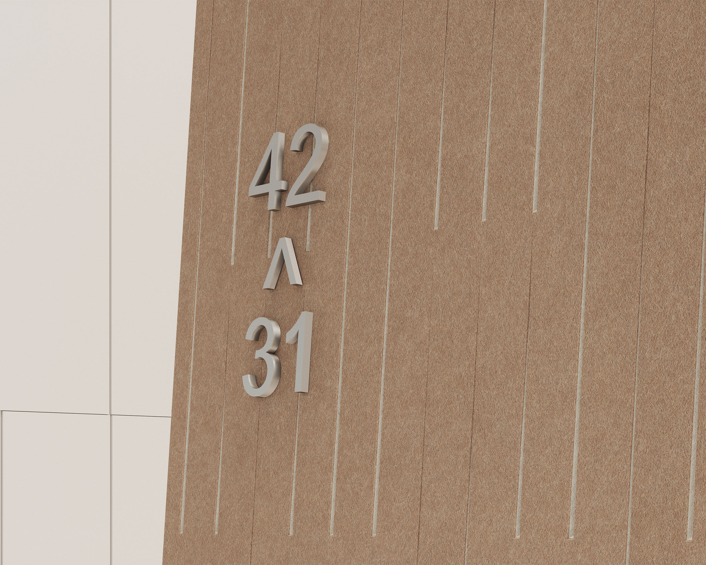 A close-up of a large, modern, beige-colored building facade with the numbers "42" and "31" prominently displayed in silver, with a stylized arrow pointing upwards between them. Vertical lines in the acoustic felt wall panels design add texture.