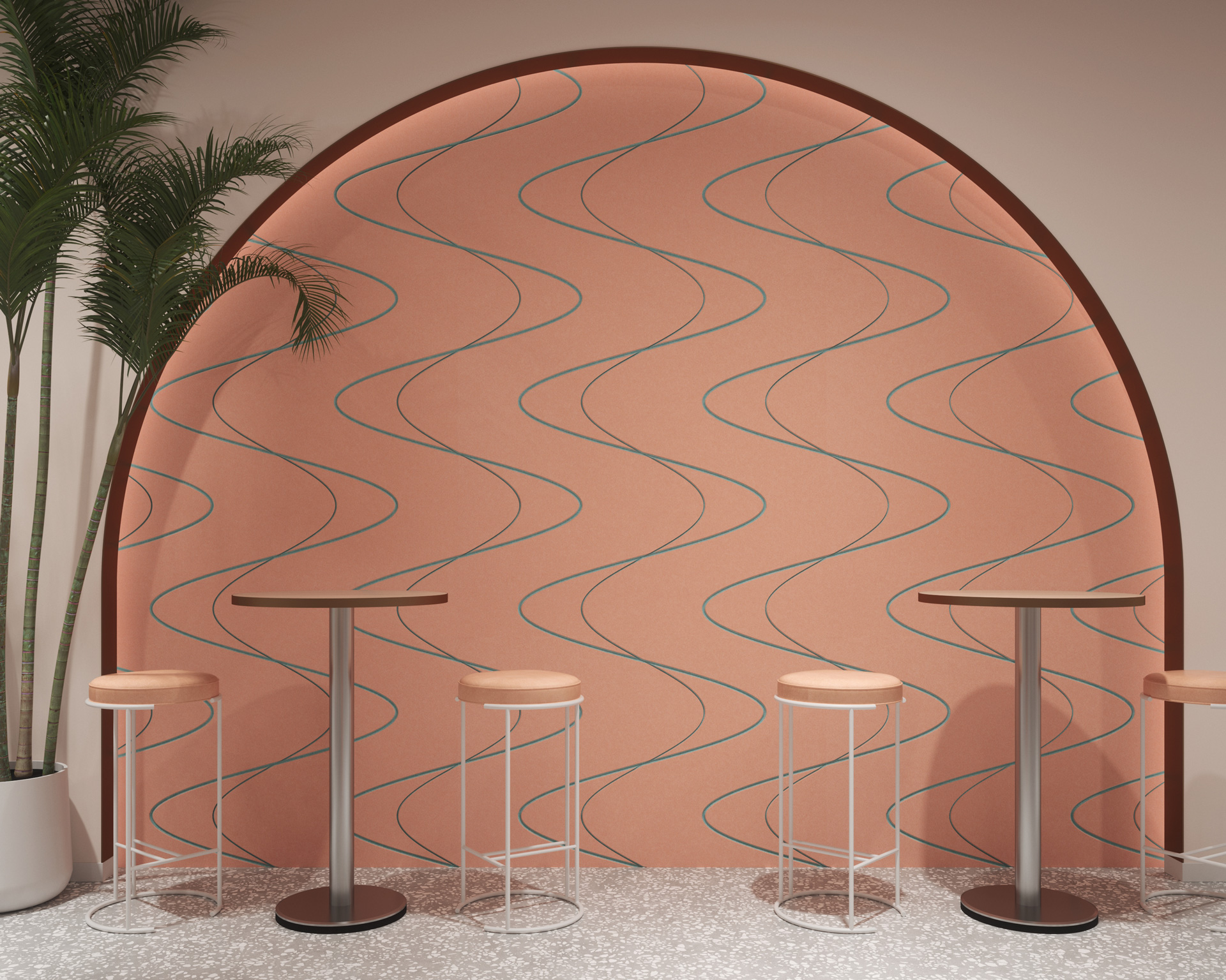A modern interior with an arch-shaped, wavy-patterned pink acoustic felt wall panel. Four white bar stools with wooden seats are positioned in front of two tall, narrow tables. A tall potted palm plant stands to the left, and the floor is speckled gray.