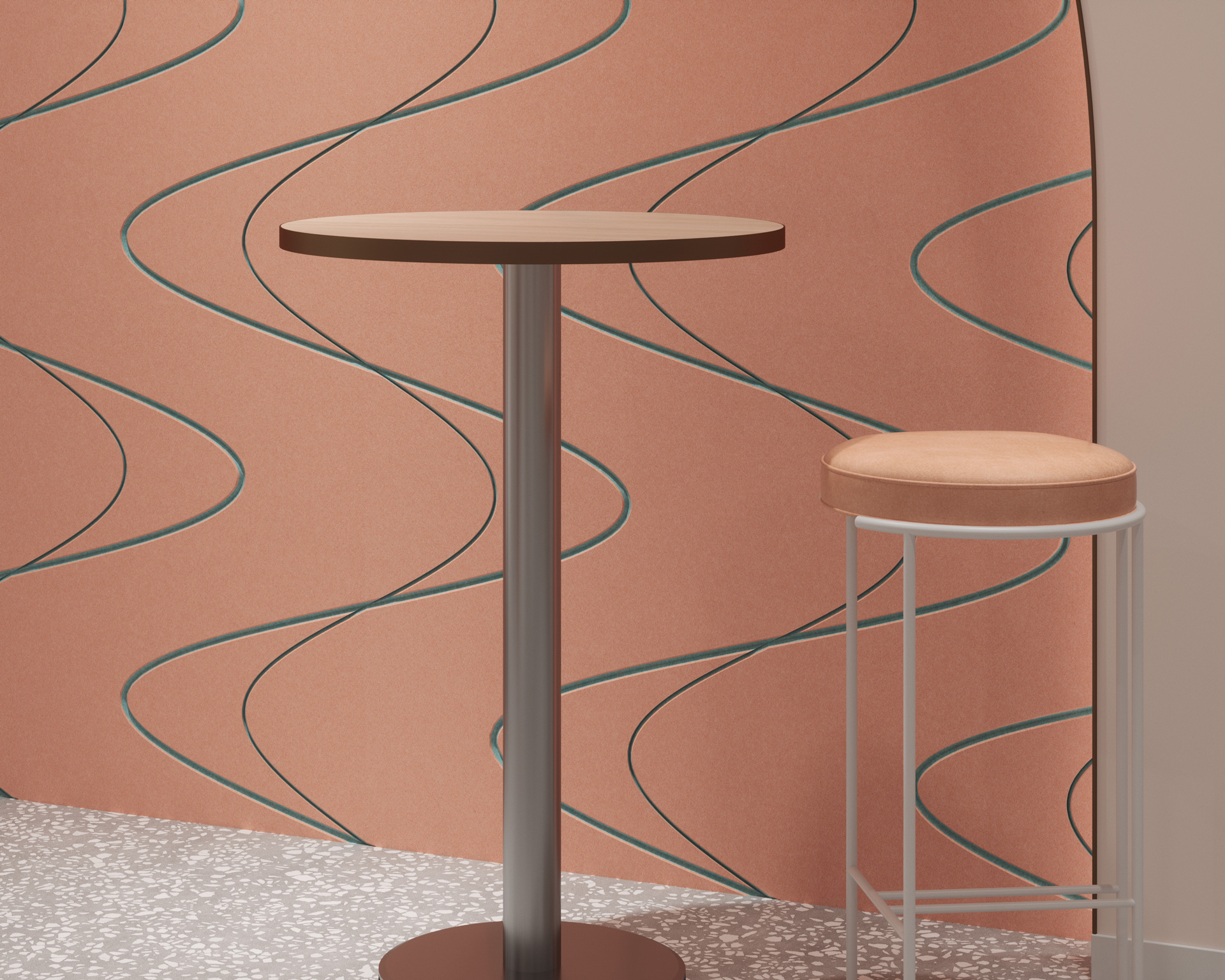 A minimalist setting featuring a round high-top table and a bar stool with a cushioned seat. The backdrop is an acoustic felt wall panel in a peach color, adorned with a wavy, abstract pattern. The floor is made of terrazzo with small white and grey stones.