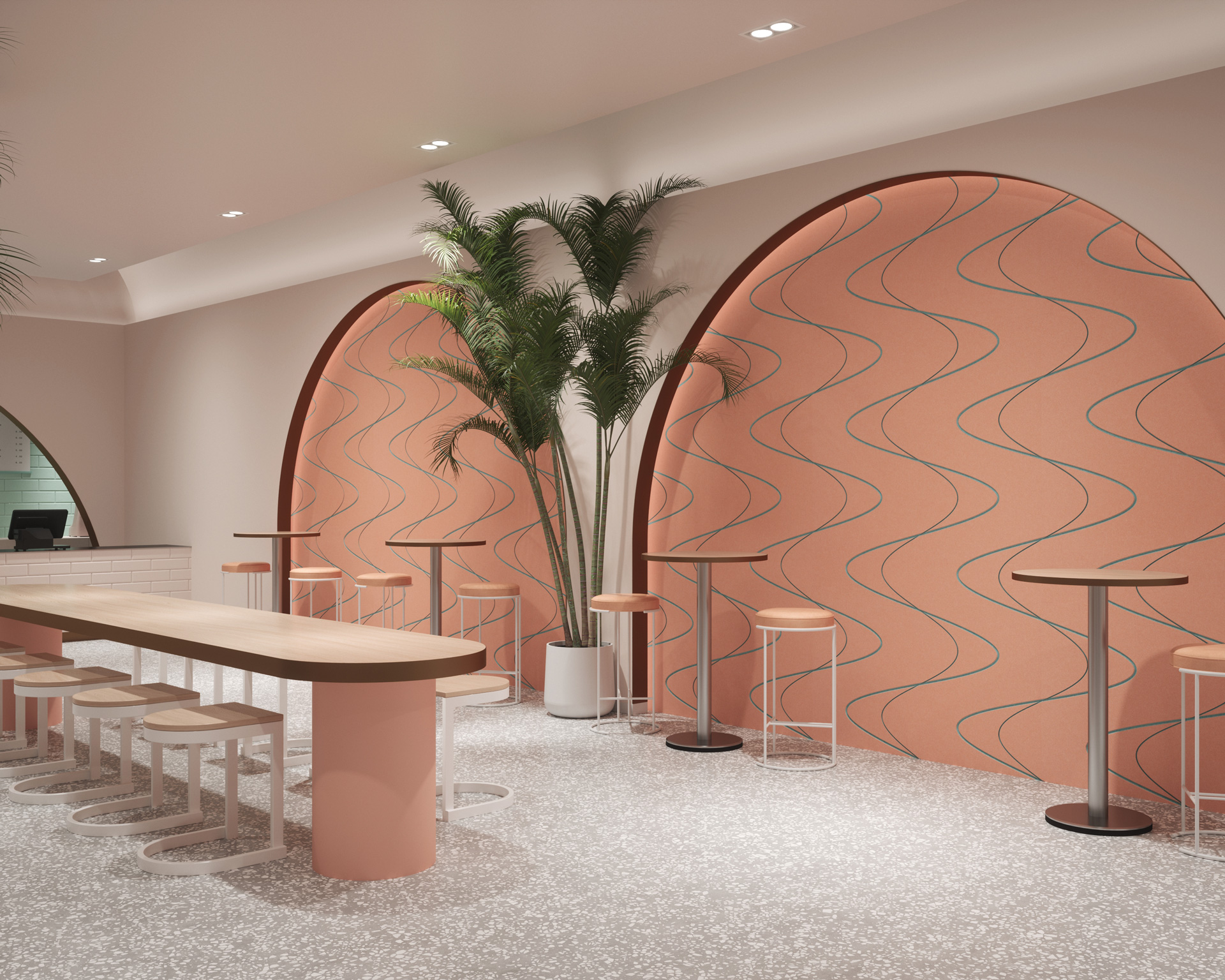 A modern, stylish café features a sleek wooden table with light beige stools, accompanied by tall, round bar tables with matching stools. The walls are adorned with large arches and acoustic felt wall panels with wavy patterns, while tall green plants accentuate the contemporary decor.