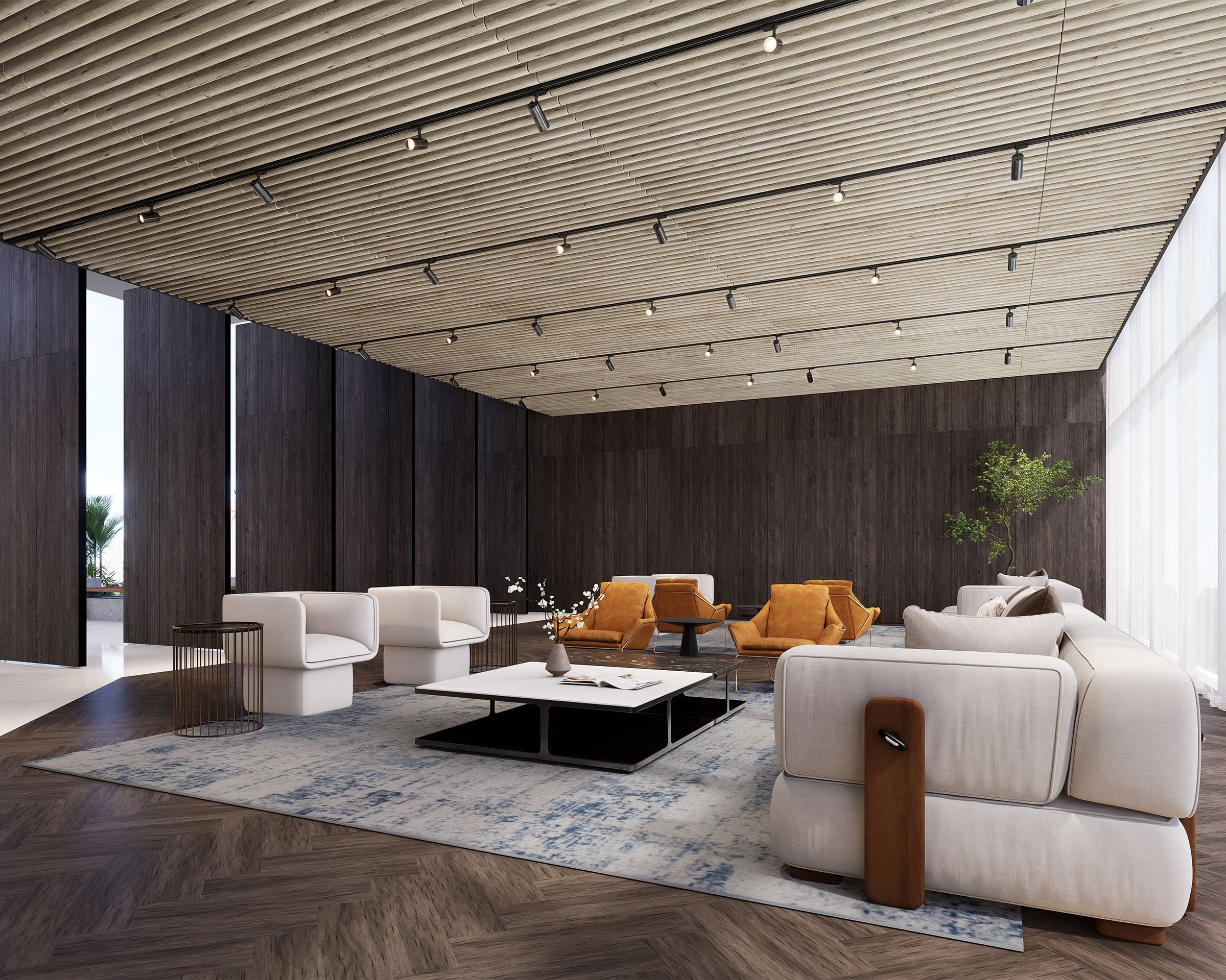 Contemporary lounge area with modern furniture including white and mustard-colored chairs, a large beige sofa, and low coffee tables. The space features a wooden herringbone floor, dark paneled walls, and an acoustic felt slatted ceiling, with natural light streaming in from tall windows.