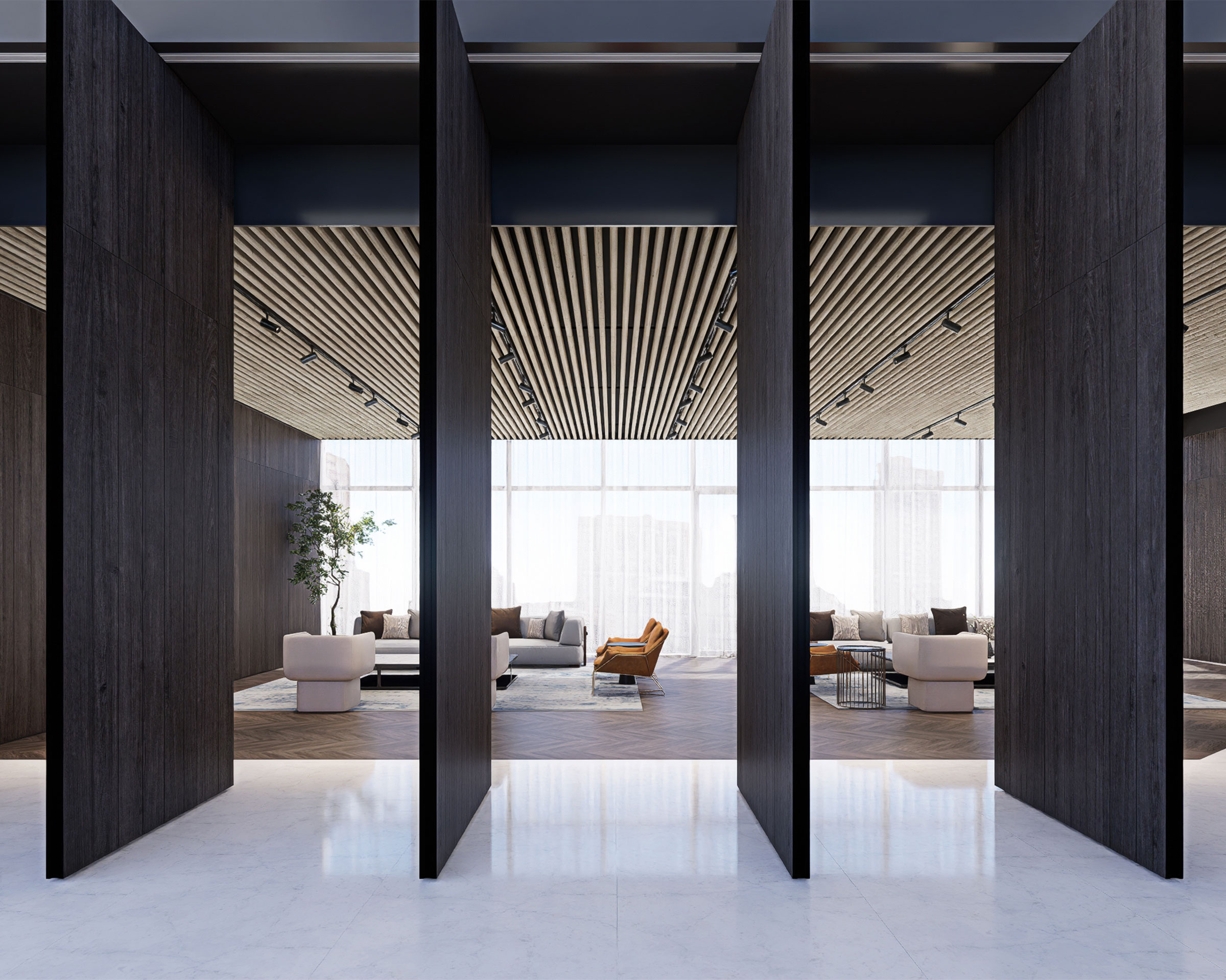 A modern interior space featuring tall, dark wood dividers separating into different areas. The floor is white marble, and the ceiling has acoustic felt slats. The background showcases minimalist furniture, including sofas and armchairs, with large windows allowing ample natural light.