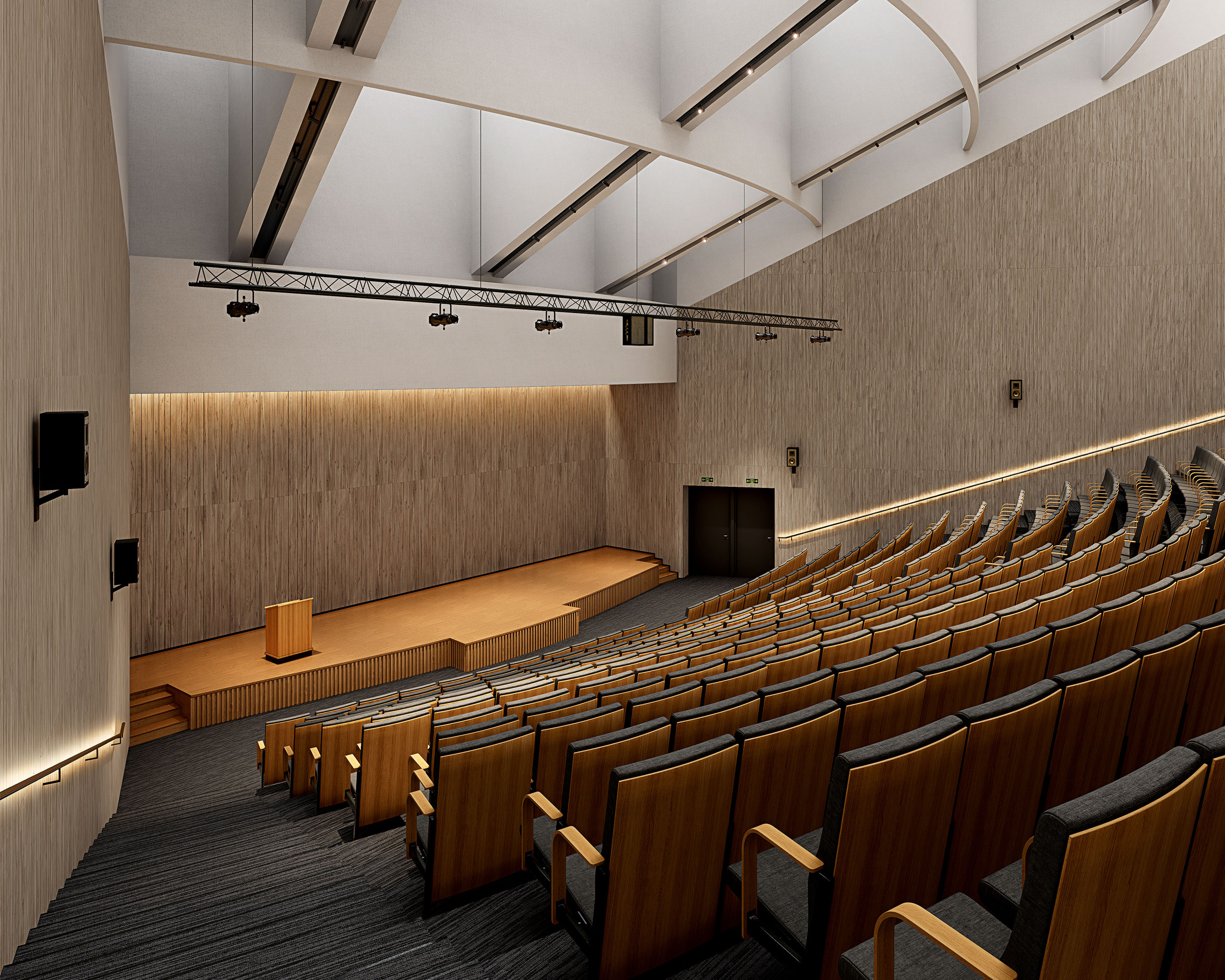 A modern, empty lecture hall with tiered seating facing a wooden stage. The seating consists of rows of wooden chairs with dark cushions. The room features high ceilings with exposed beams and woodgrain acoustic felt slats, plus multiple wall-mounted lights. A podium is positioned on the stage.
