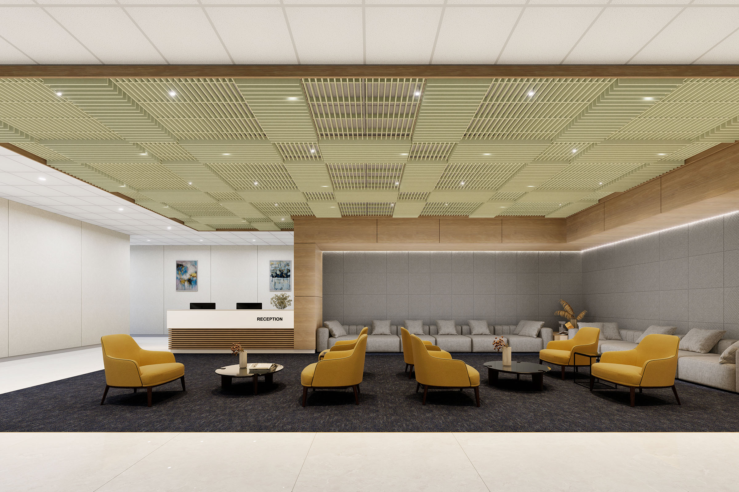 A modern reception area features a reception desk with a sign on it, and two artworks hanging on the wall behind. The seating area includes yellow armchairs and dark tables arranged on a dark carpet, while acoustic felt ceiling panels and wooden detail above complement the design.
