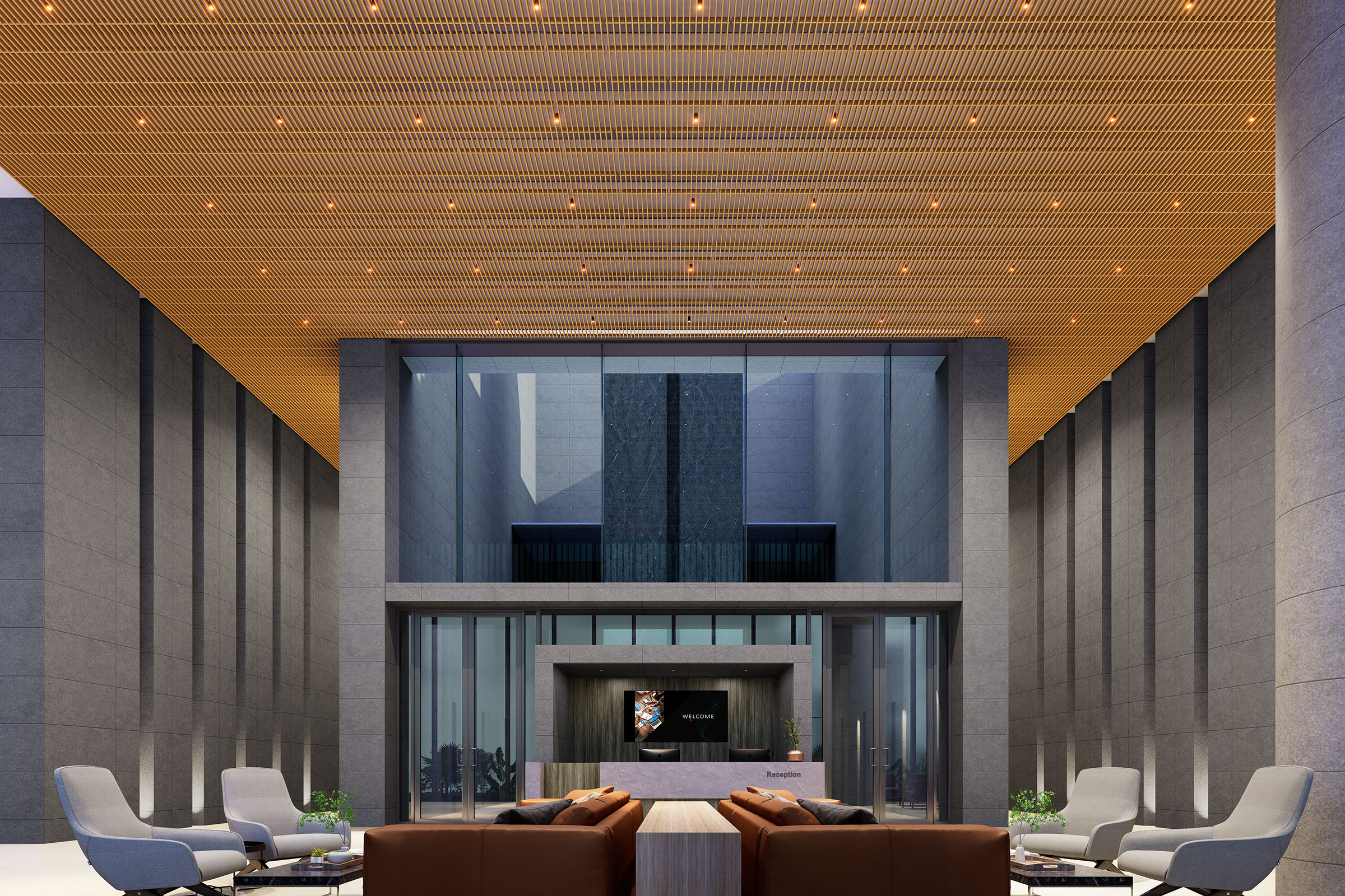 A spacious modern office lobby with high ceilings and a grid-patterned acoustic felt ceiling frame. The area is furnished with comfortable seating, including sofas and armchairs, and a central wooden table. The reception desk is visible in the background.