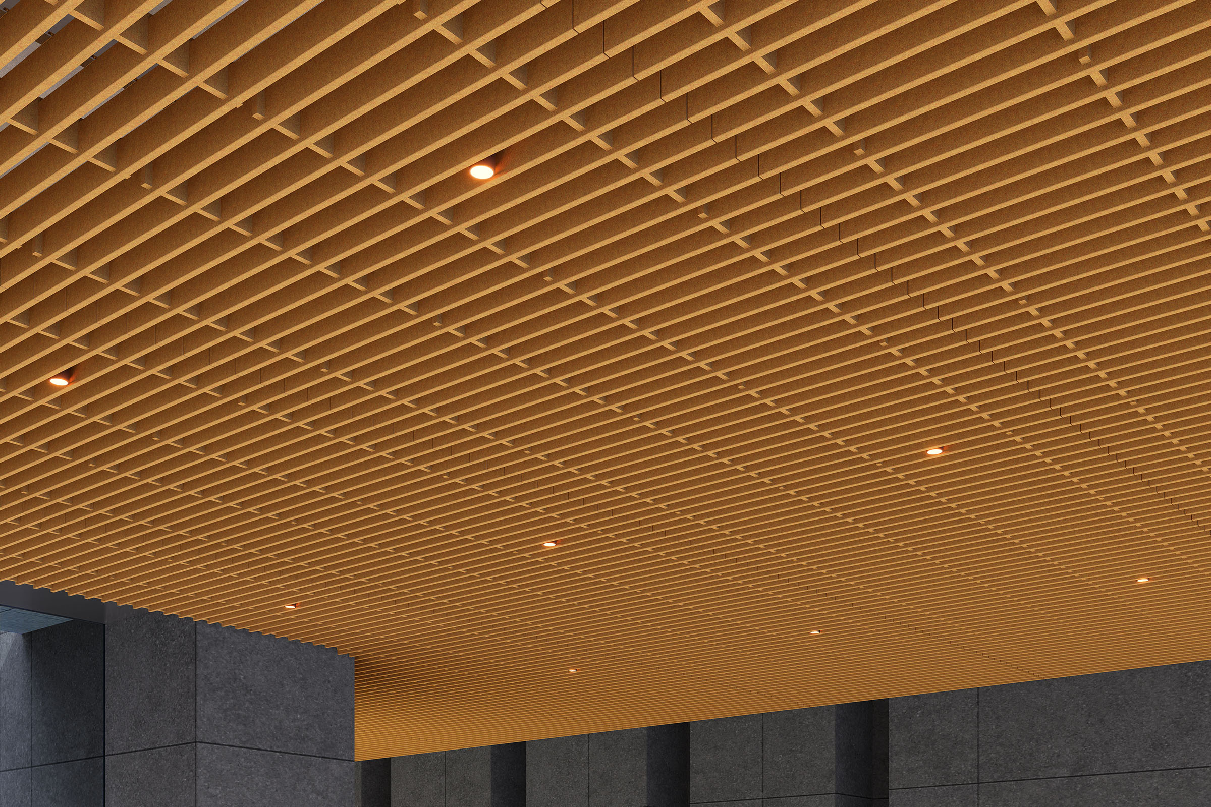 A modern indoor ceiling featuring a grid pattern made of acoustic felt slats, illuminated by several small recessed lights. The walls are finished with dark gray stone panels, adding to the contemporary architectural style.