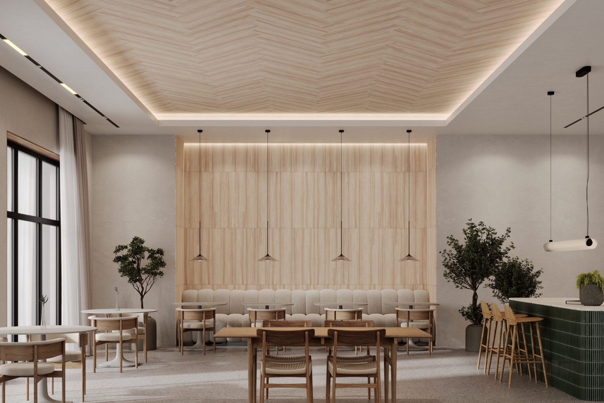 A modern, minimalist cafe interior with light wooden furniture. The seating area features wooden chairs and beige cushioned benches. The ceiling has acoustic felt planks in a geometric herringbone design with soft lighting. Greenery accents the space, adding a natural touch.