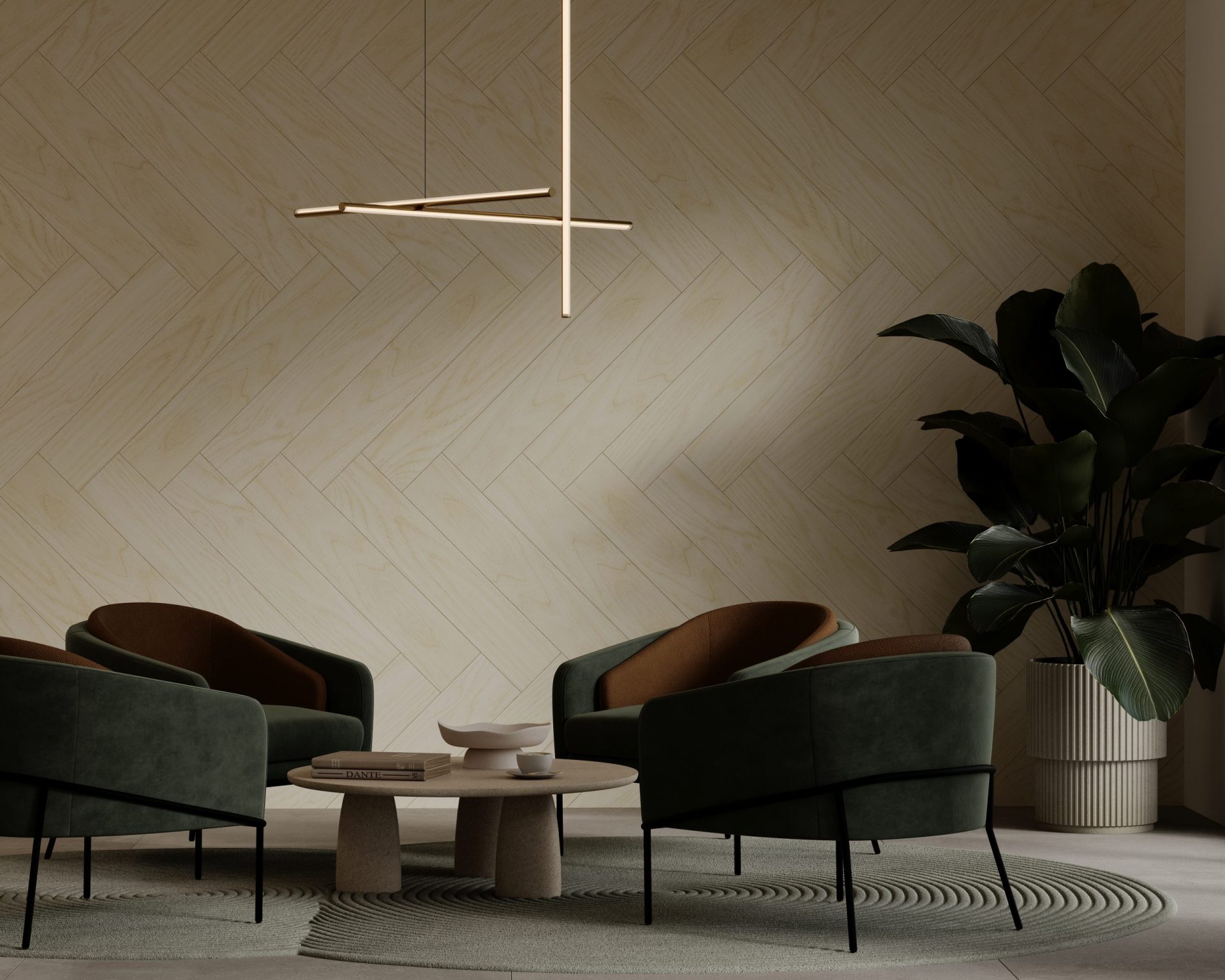 A modern, minimalist lounge features four dark green velvet armchairs arranged around a round, beige coffee table. A sculptural light fixture hangs above. The room boasts herringbone acoustic felt wall planks and large potted plants adding greenery in the corner.