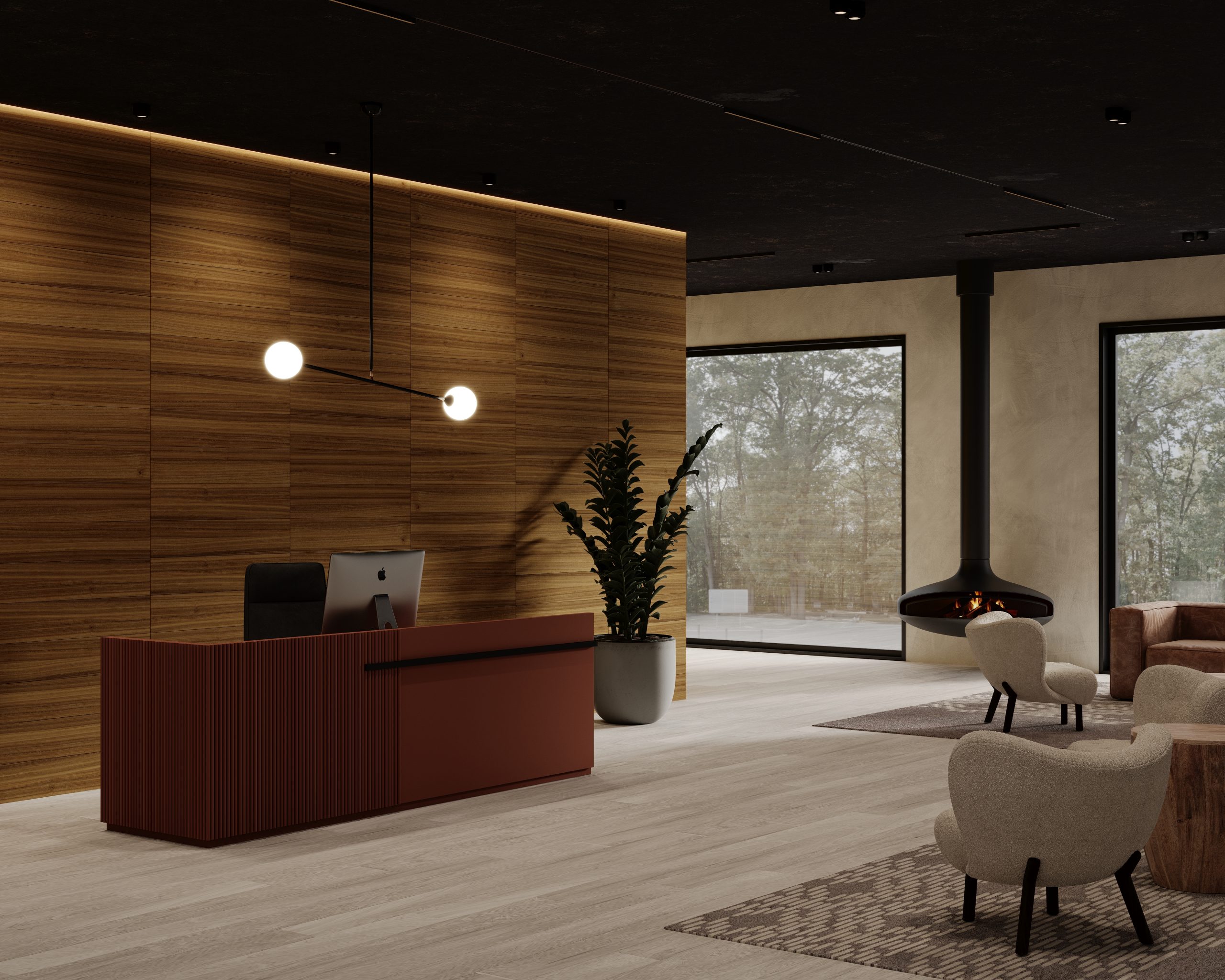 A modern reception area features acoustic felt wall planks alongside a sleek desk with an iMac, a large potted plant, beige lounge chairs, and a hanging fireplace. Floor-to-ceiling windows offer a view of a foggy landscape. The lighting is soft with warm tones.