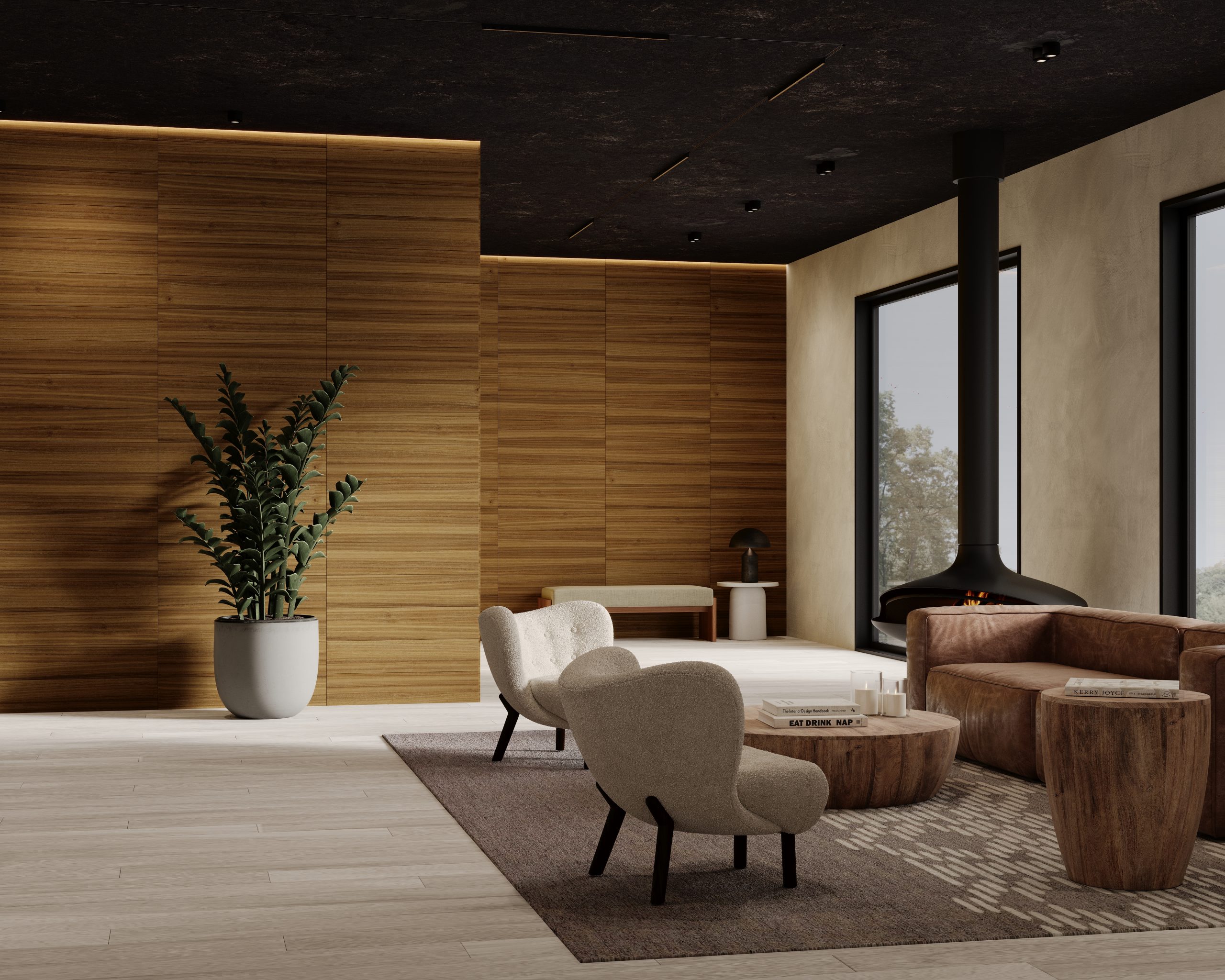 A modern living room features acoustic felt wall planks large windows, and a black suspended fireplace. The room boasts a large potted plant, two beige armchairs, a wooden coffee table, and a brown sofa on a gray area rug atop light wood flooring.