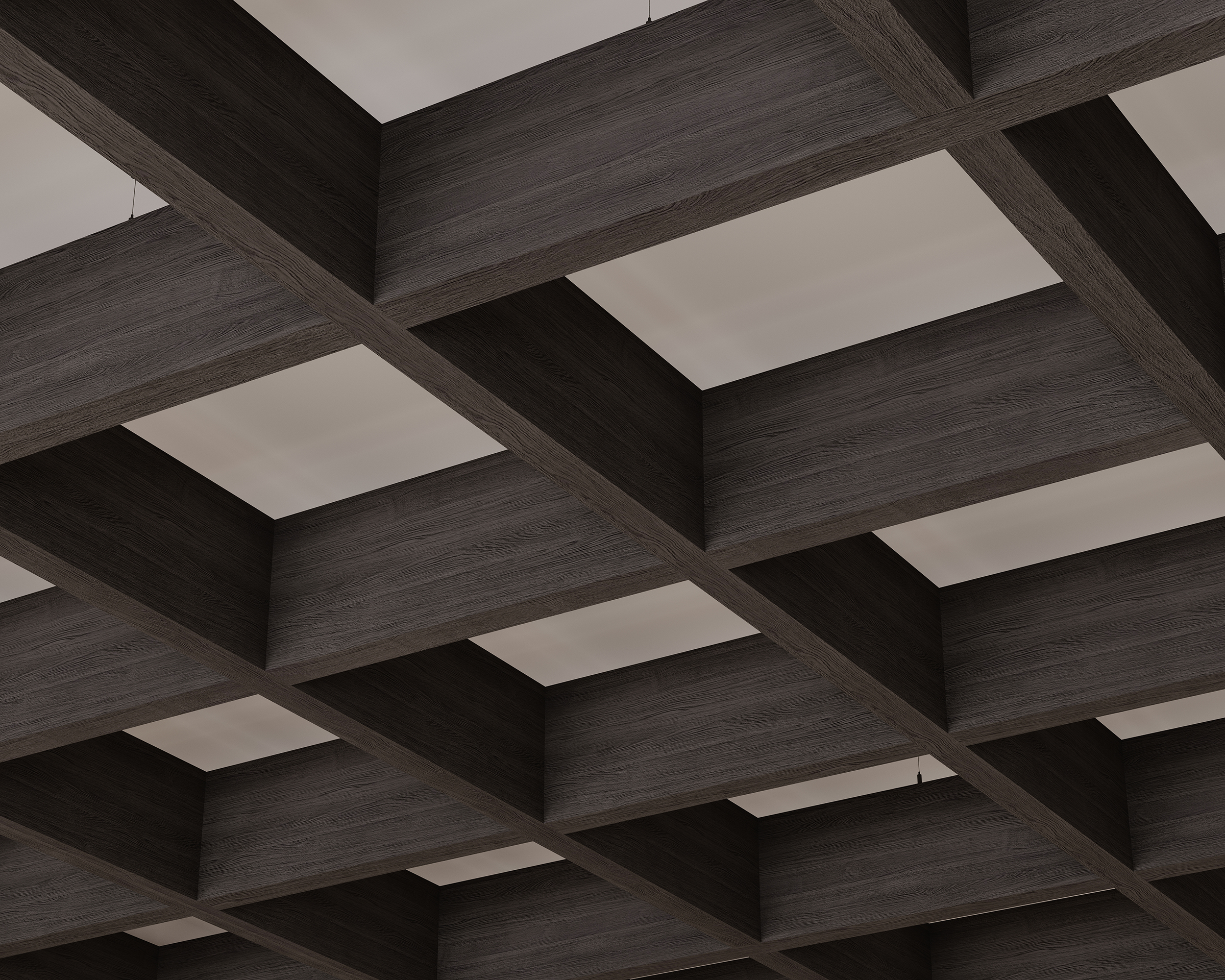 A close-up view of a dark acoustic felt ceiling with a grid pattern. The beams create a series of square recesses, offering a geometric design with a modern feel. Integrated within the framework is acoustic felt, enhancing both aesthetics and sound quality in the minimalist space.