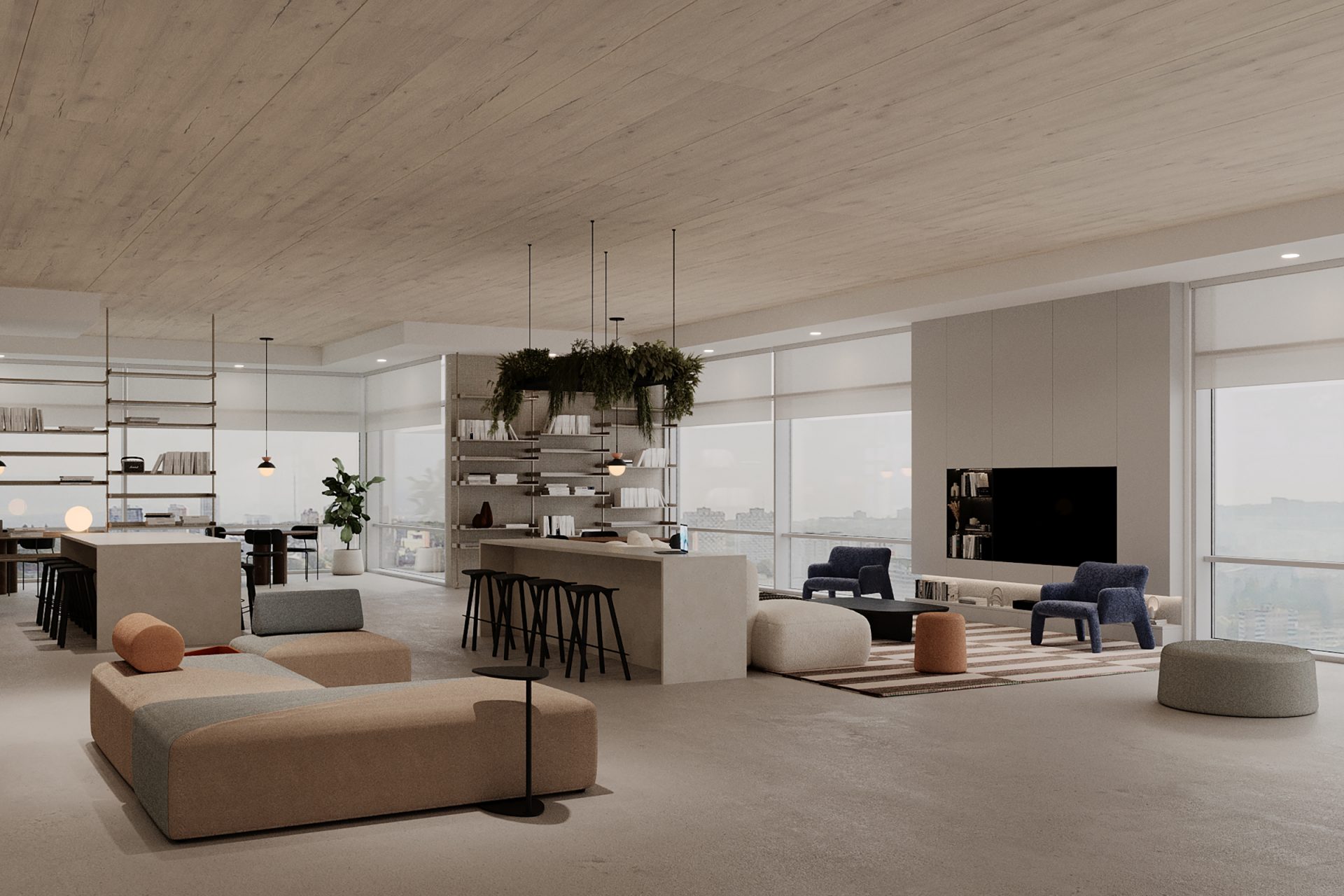 A spacious, modern living room and kitchen area with large windows. The room features a light wood ceiling with concealed acoustic felt panels, a neutral-toned sectional sofa, small round ottomans, a bar area with high stools, hanging light fixtures, built-in shelving, and various plants.