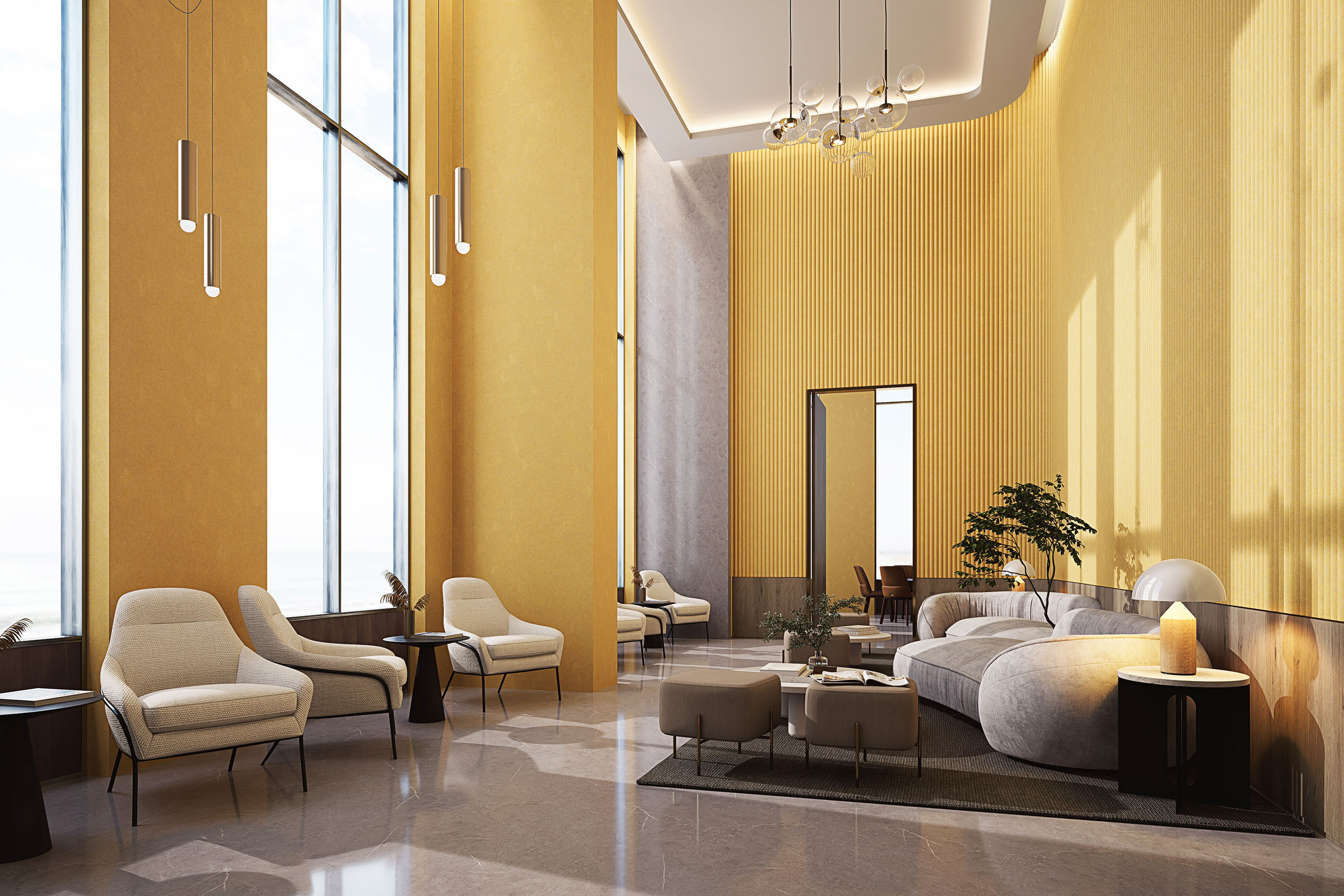 Spacious and elegant modern lobby featuring high ceilings and large windows, luxurious beige and white furniture, chic lighting fixtures, and acoustic wall panels in Wheat for a quiet atmosphere.