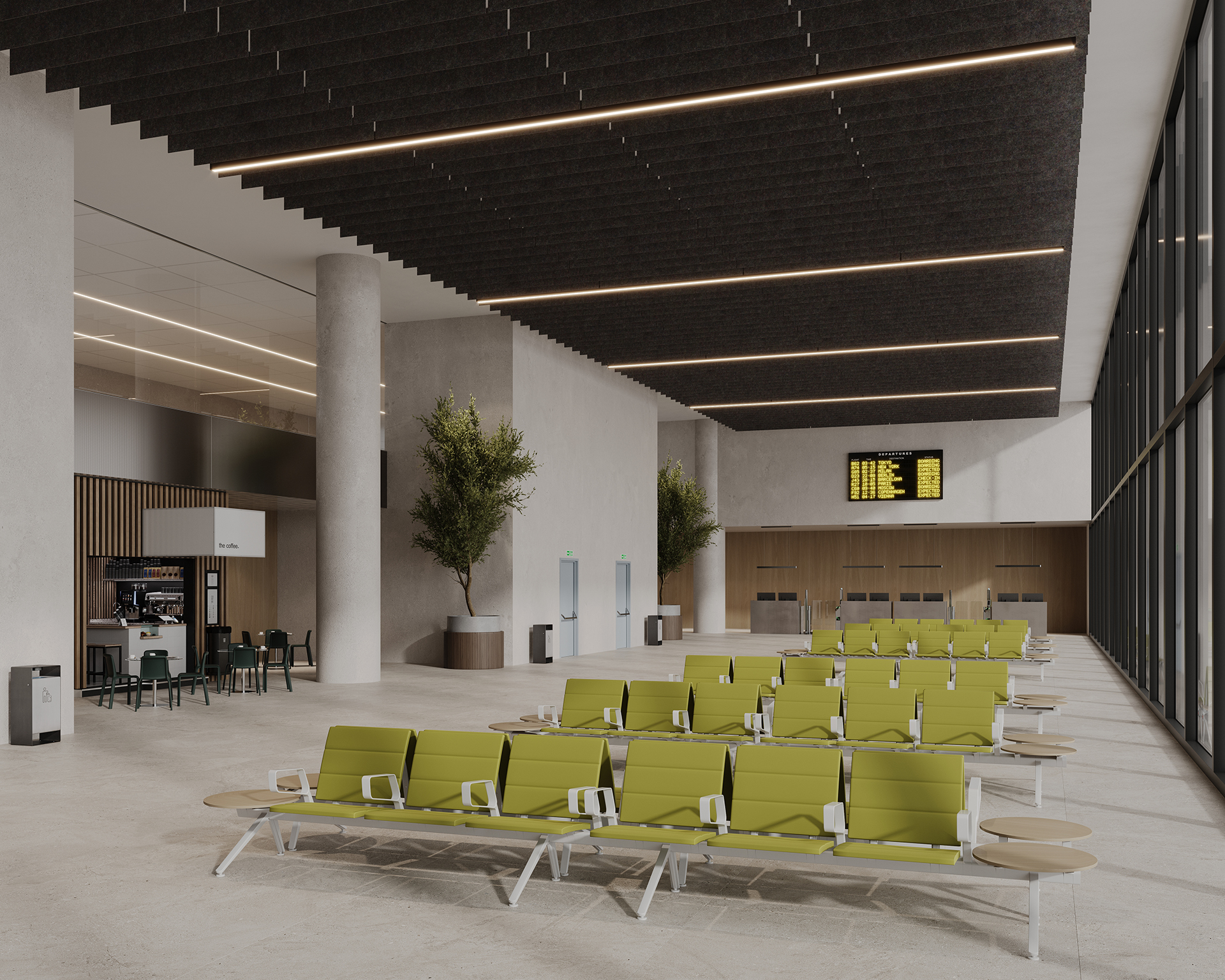A spacious airport waiting area with rows of lime green chairs, tall windows offering natural light, potted trees, modern design elements including linear acoustic ceiling baffles, an information board displaying flight details, and a small cafe in the background.