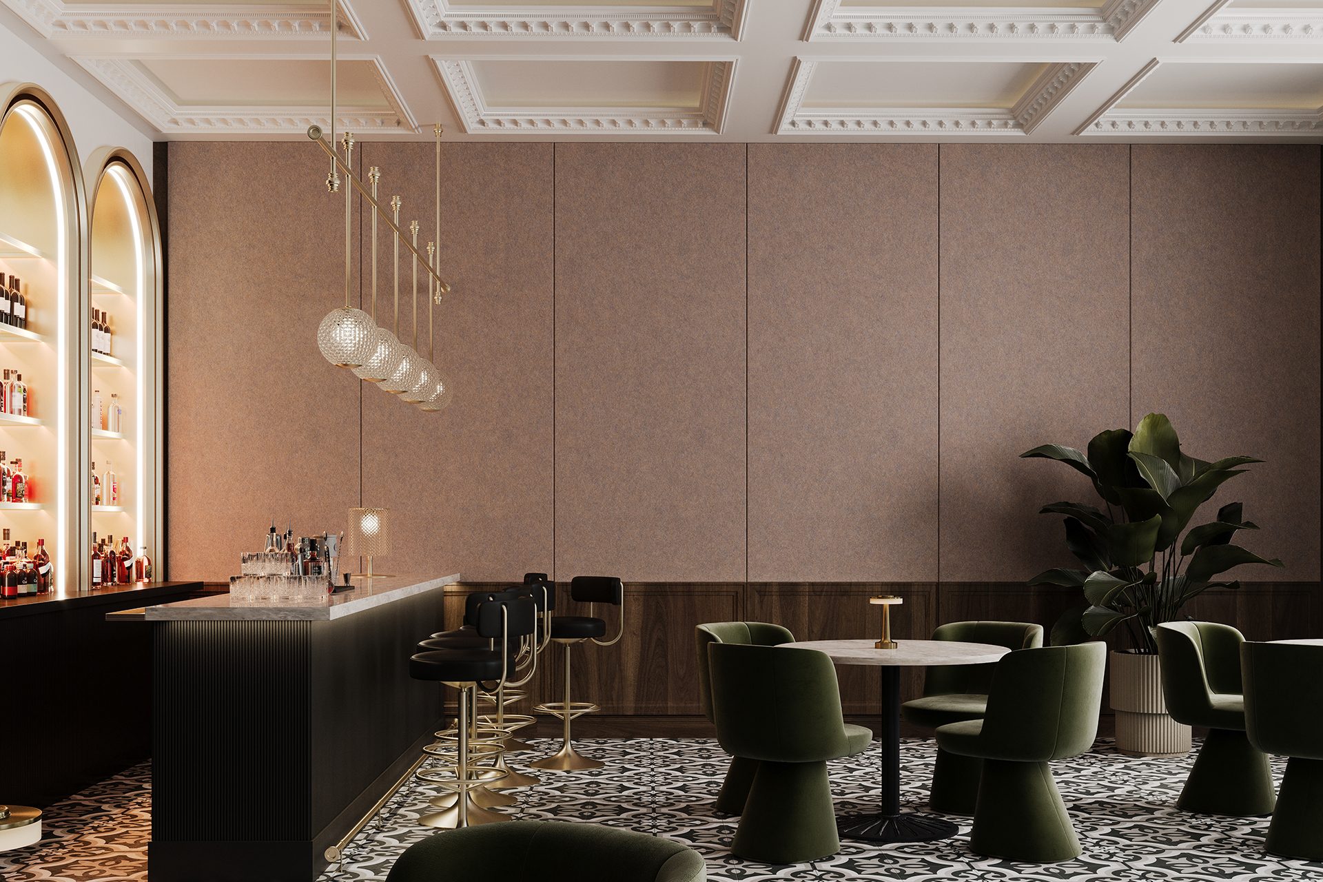 A chic, modern bar with a patterned tile floor, acoustic felt panel wall, and coffered ceiling. The bar area features mirrored shelves stocked with bottles, hanging glass globe lights, and bar stools with gold accents. There are green velvet chairs surrounding small tables and a large potted plant.