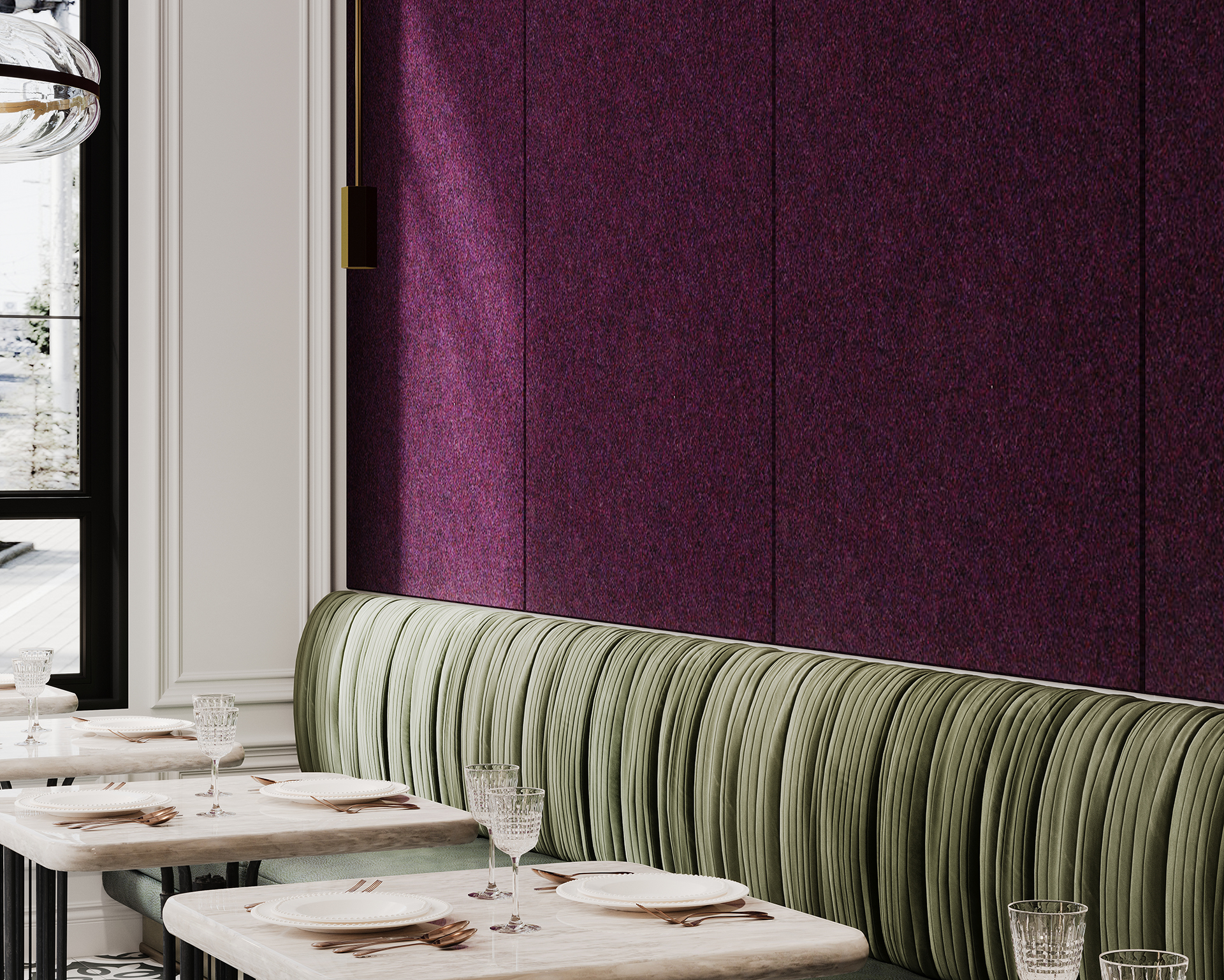 A chic dining area with green upholstered bench seating along a wall covered in deep purple acoustic felt panels. The space features elegant, mirrored tables set with fine china and glassware, and large windows allowing natural light to filter in.