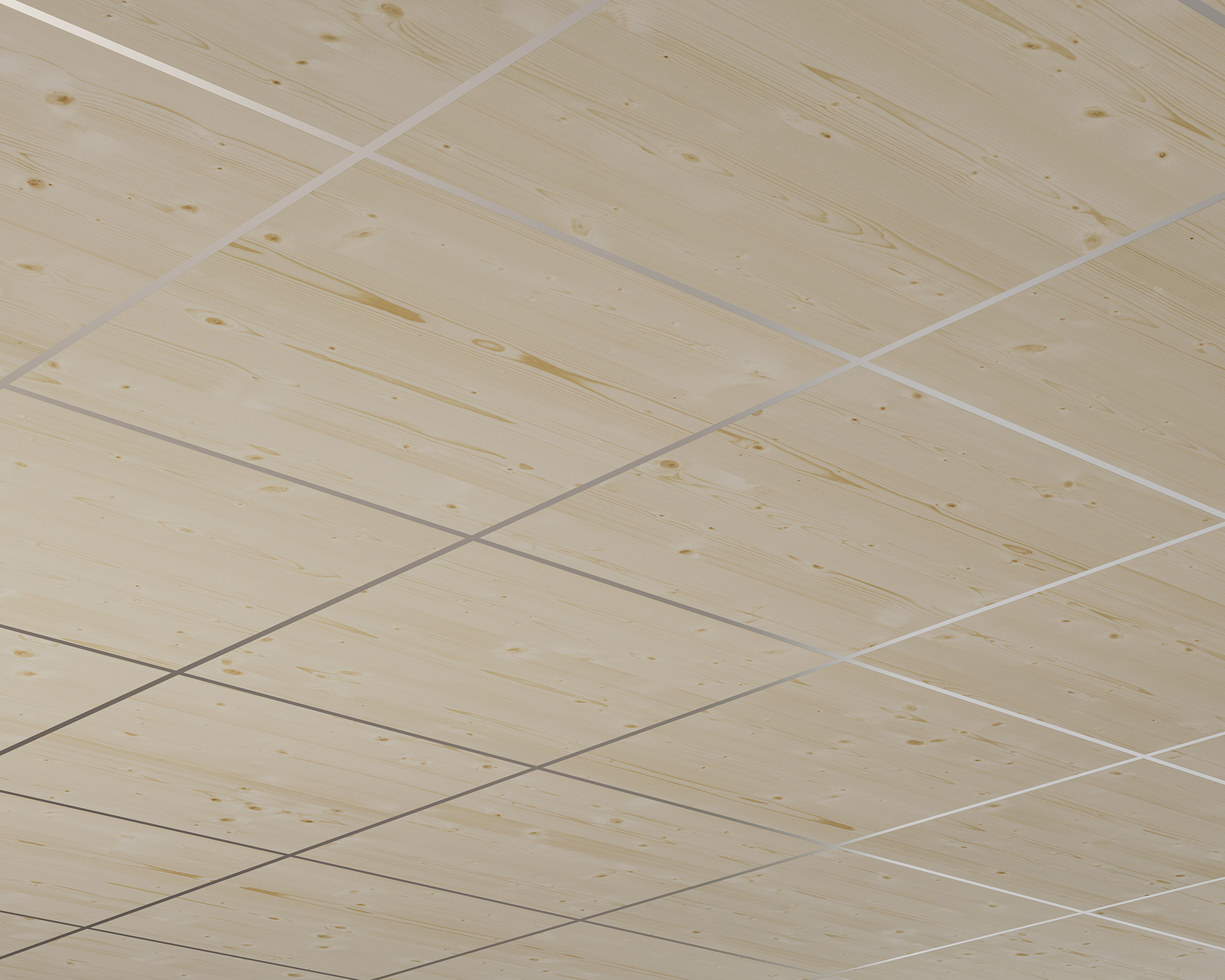 Close-up view of a ceiling made up of light-colored acoustic felt panels arranged in a grid pattern. The wood grain and knots are visible, giving the ceiling a natural and textured appearance. Thin metal strips intersect horizontally and vertically between the panels.