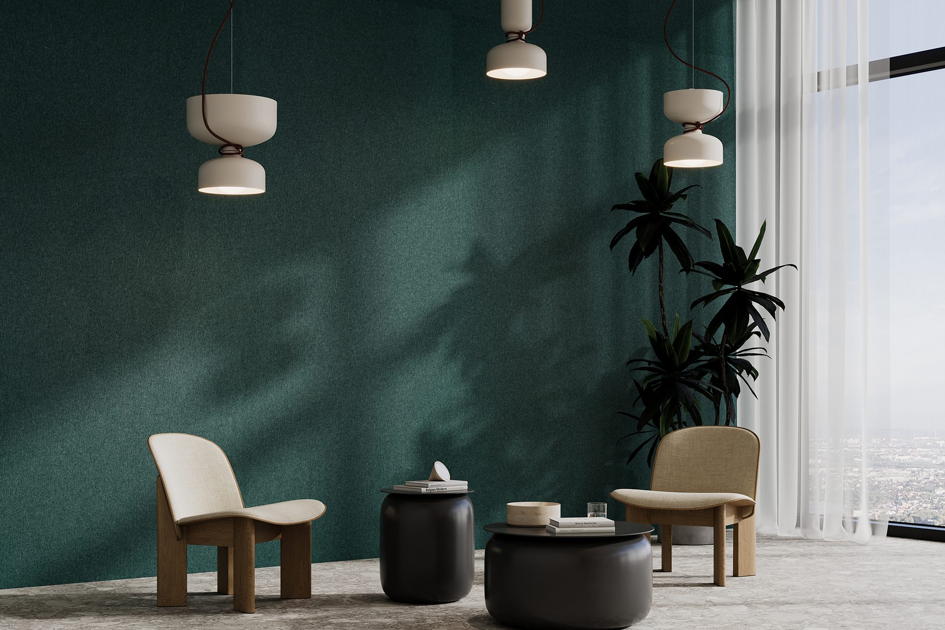 A minimalist room with a dark green acoustic felt accent wall features two light wood and beige fabric chairs, two round black coffee tables, and three pendant lights. A large window with sheer white curtains lets in natural light, revealing a view of the cityscape outside.