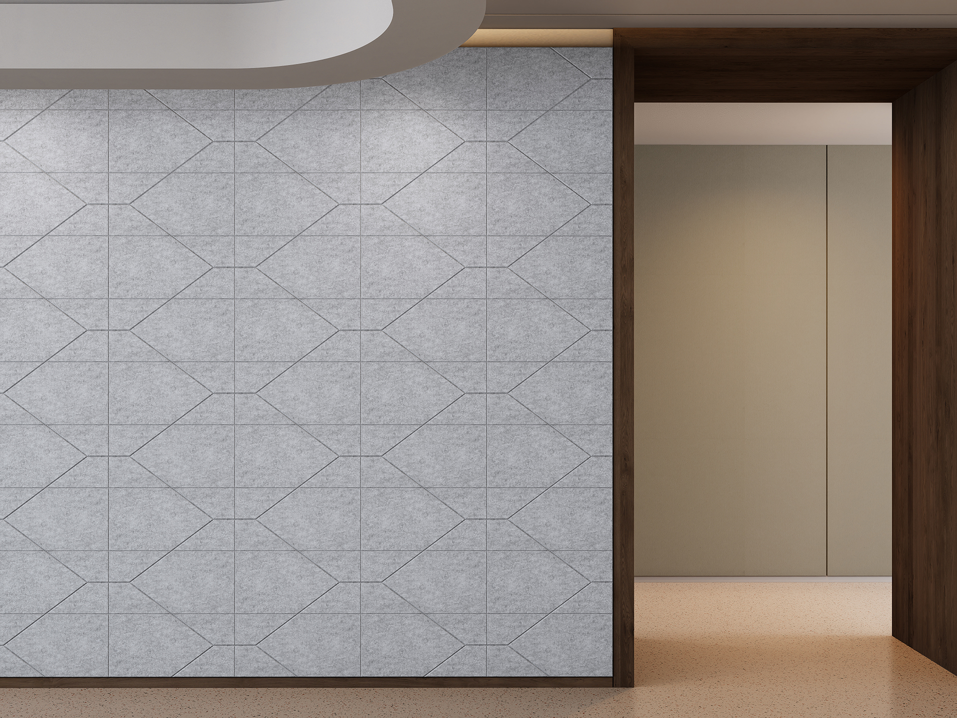 A modern interior features a hallway with light gray geometric-patterned acoustic felt tile walls and a wooden door frame. The ceiling has an overhead light fixture, and a beige floor complements the minimalistic design.