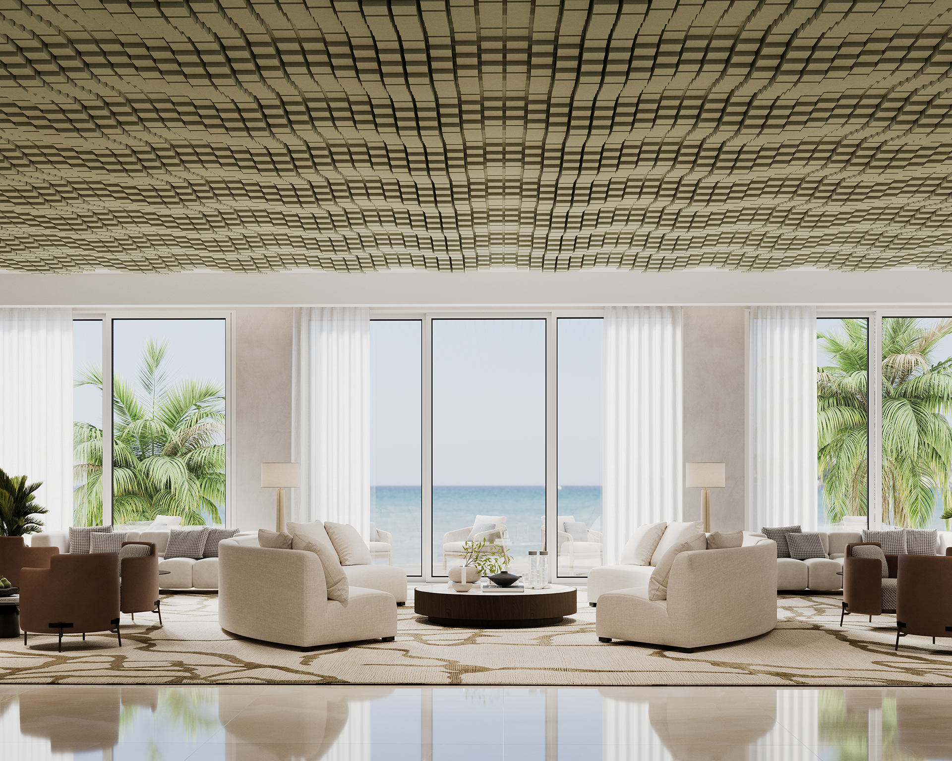 A modern, luxurious living room with large windows offering a stunning ocean view. The space features light-colored sofas, round coffee tables, indoor plants, and elegant light fixtures. The ceiling has a unique, wavy design in acoustic felt, adding a contemporary touch.