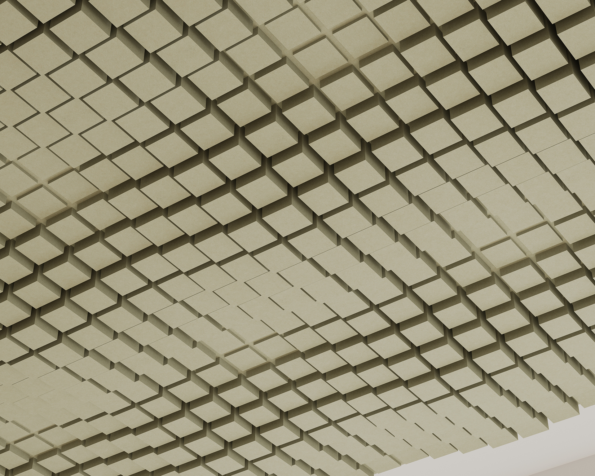 A ceiling covered with a geometric, repeating pattern of beige, three-dimensional, acoustic felt square blocks, creating a textured and uniform appearance. The blocks are evenly spaced, giving the ceiling a modern and abstract aesthetic.
