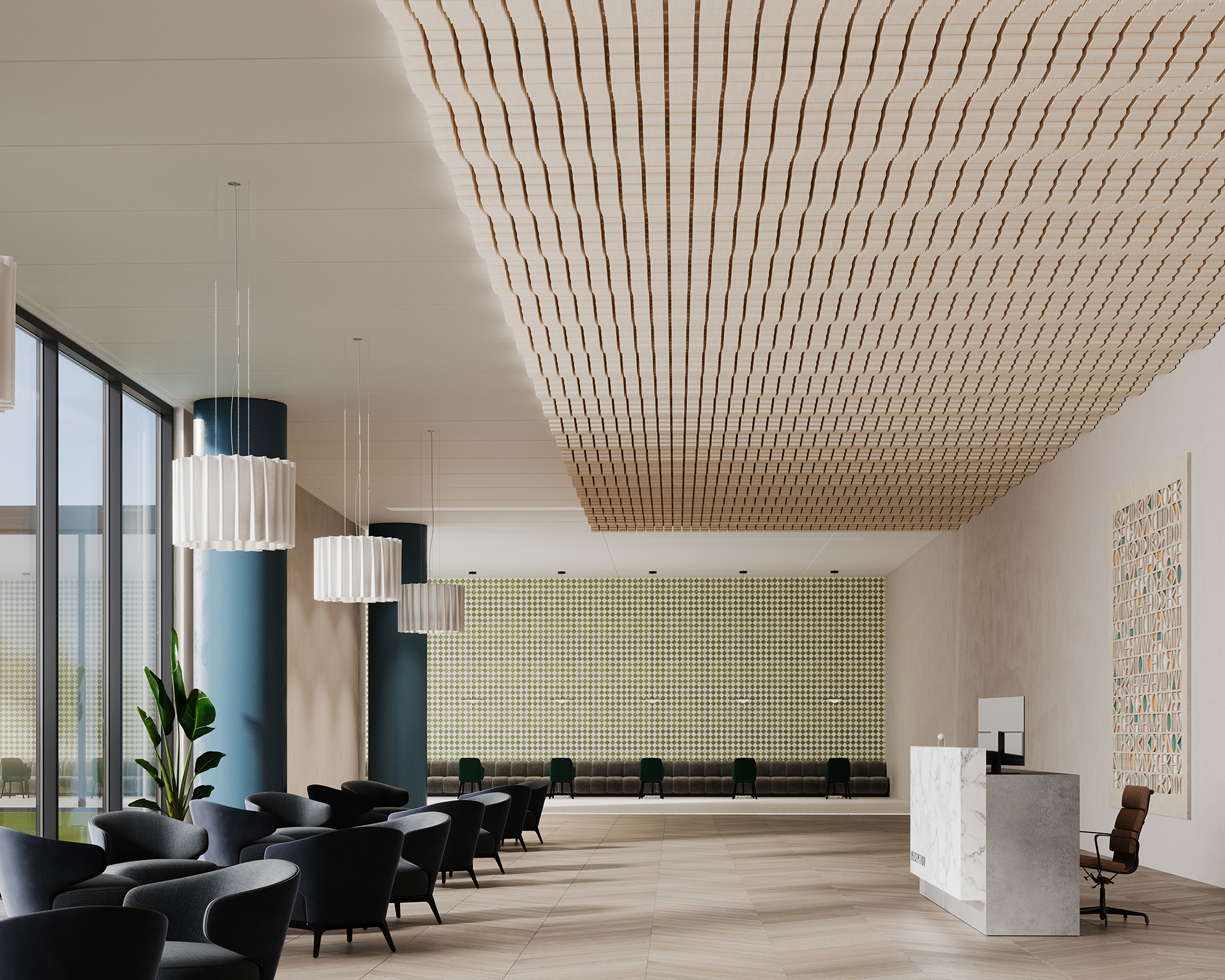 A modern lobby area featuring dark blue chairs arranged around low tables, large windows providing natural light, a patterned acoustic felt ceiling, a white marble reception desk to the right, and contemporary pendant lighting. A plant and wall art accent the space.