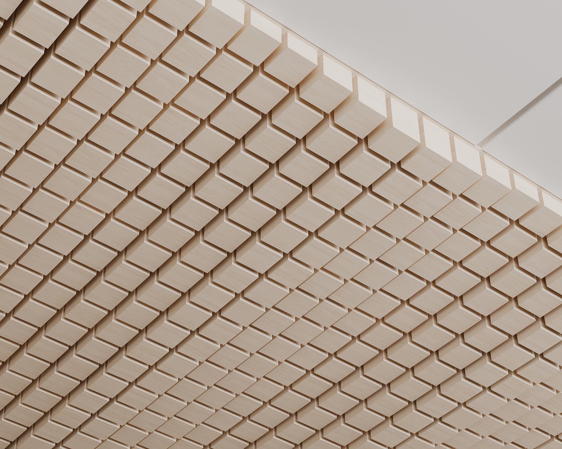 A ceiling featuring an intricate design of uniformly aligned acoustic felt blocks. The blocks protrude slightly, creating a textured and geometric pattern that spans the entire visible surface. The lighting accentuates the natural wood tones and the precise craftsmanship.
