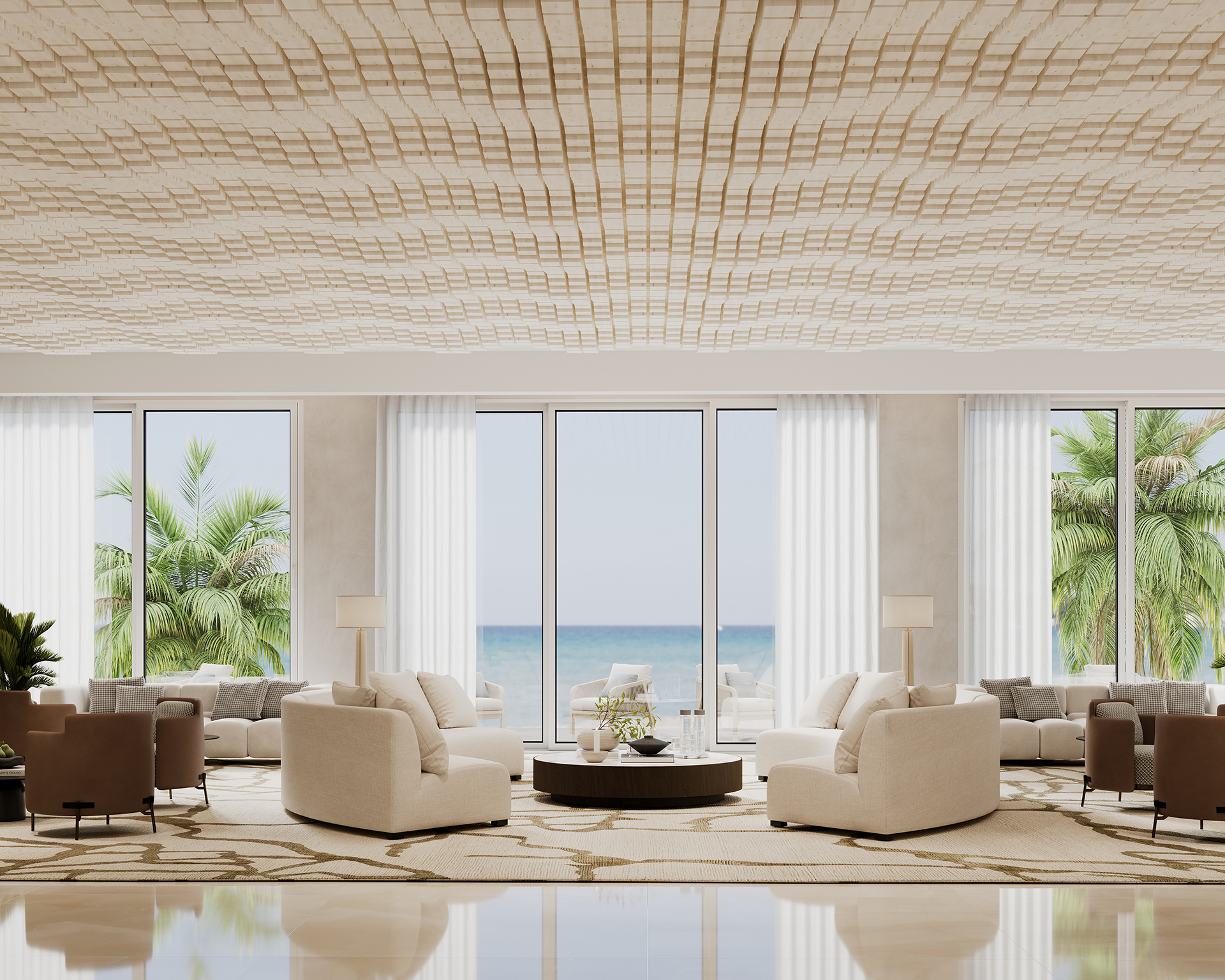 Luxurious living room with modern white furniture arranged in circular formations around central coffee tables. Large floor-to-ceiling windows offer a stunning view of palm trees and the ocean. The ceiling features an intricate, wavy design in acoustic felt.