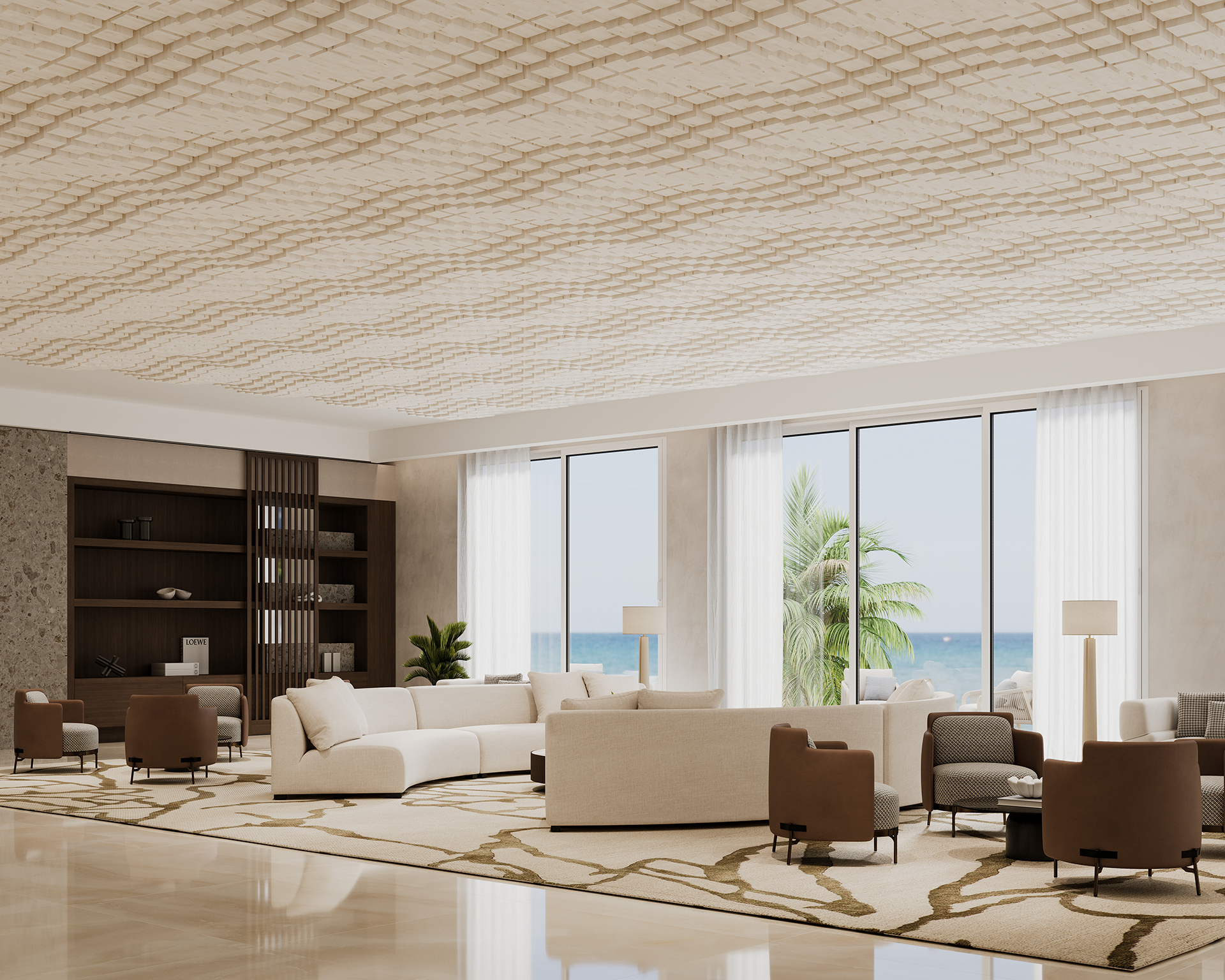 A spacious, modern living room featuring white sofas, brown armchairs, and a mix of dark and light wood furniture. Large windows offer a view of the ocean and palm trees outside. The room has a uniquely patterned acoustic felt ceiling and a light-colored, abstract patterned rug.