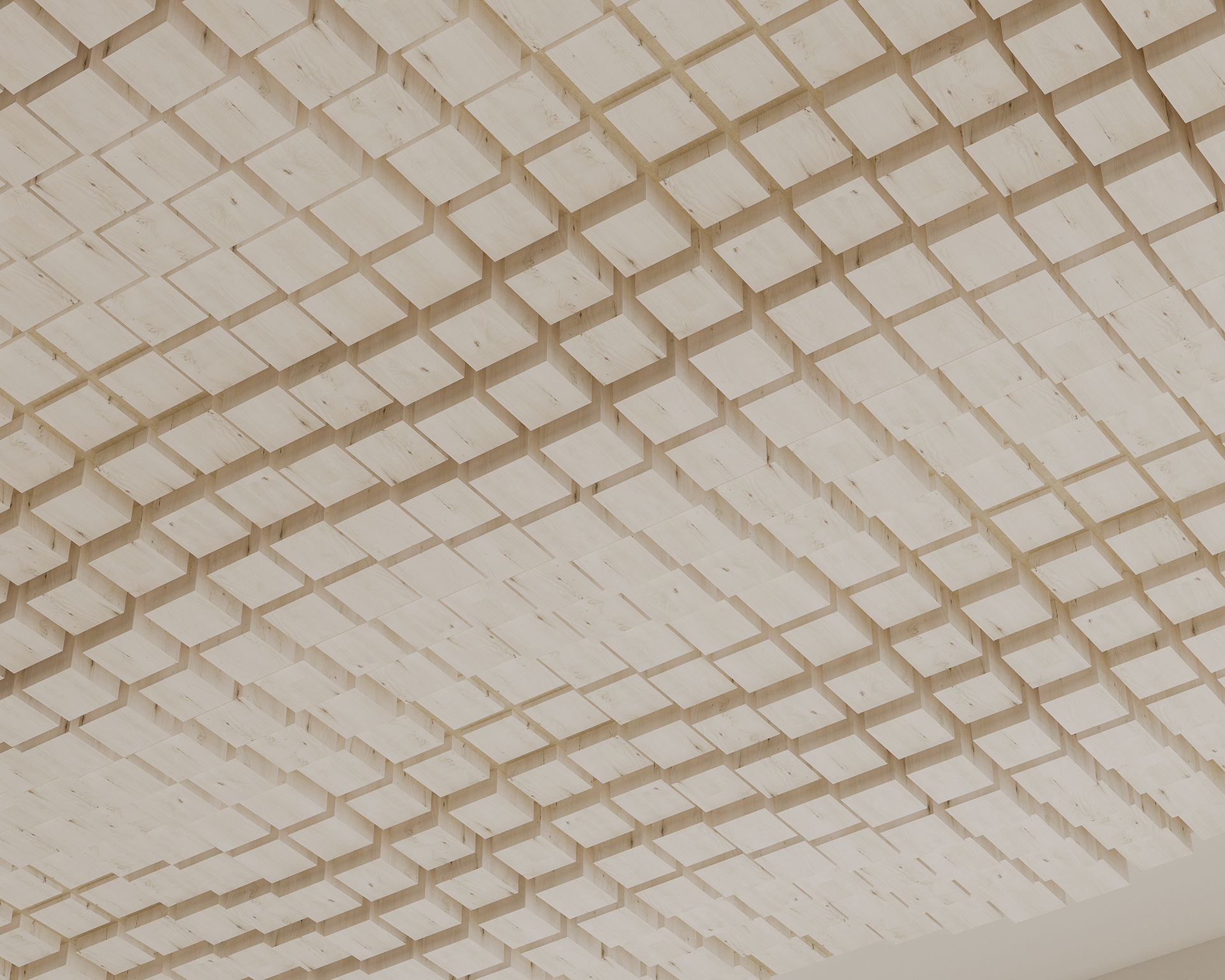 Close-up of a white tiled ceiling with a pattern of evenly spaced, three-dimensional rectangular acoustic felt blocks arranged in a grid. The blocks cast soft shadows, creating a visually dynamic and textured surface.