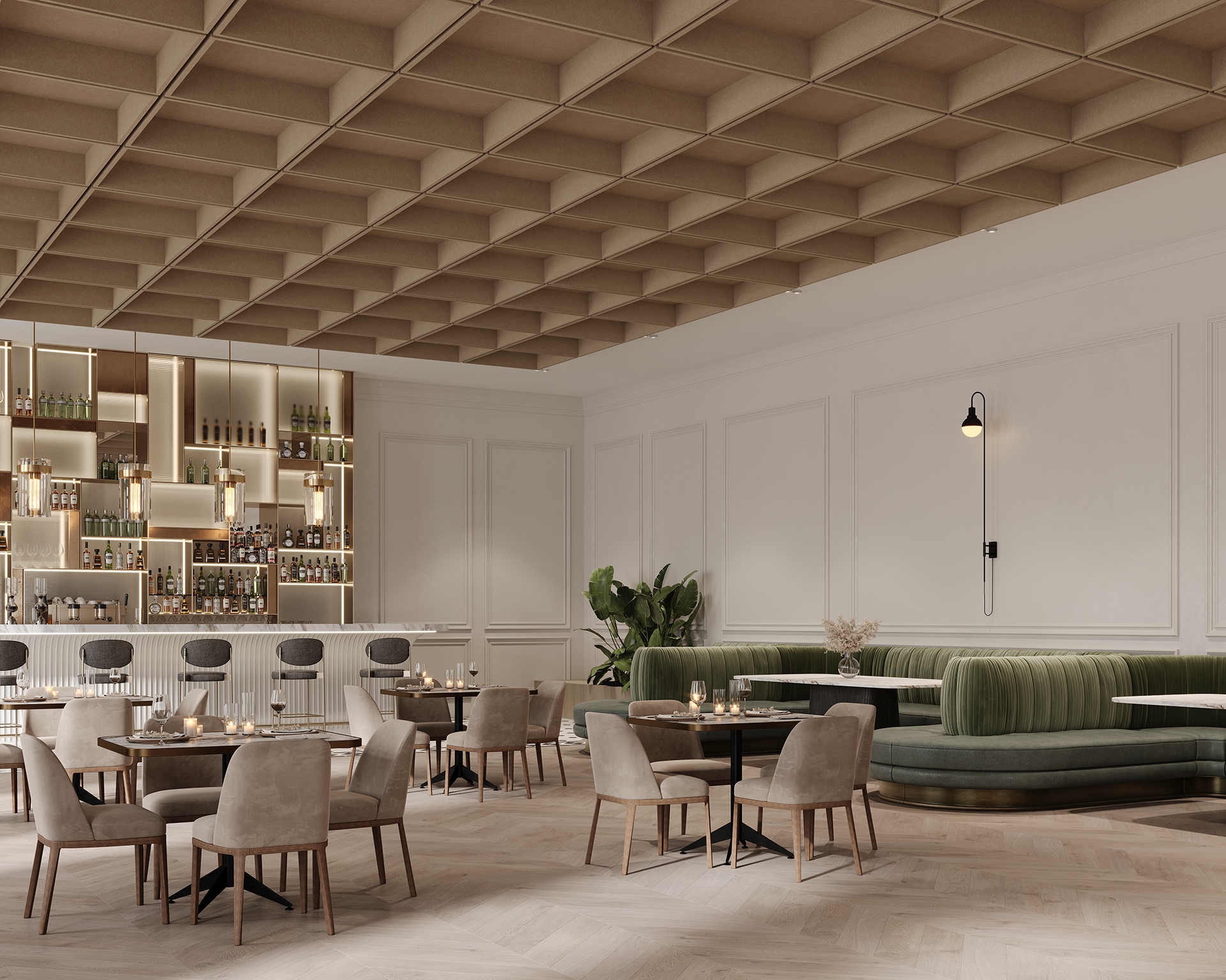 A modern, elegant restaurant interior with a bar on the left featuring bottles on shelves and bar stools. Several dining tables with beige chairs are arranged, and a green cushioned booth lines the right wall. The ceiling has a geometric acoustic felt design.