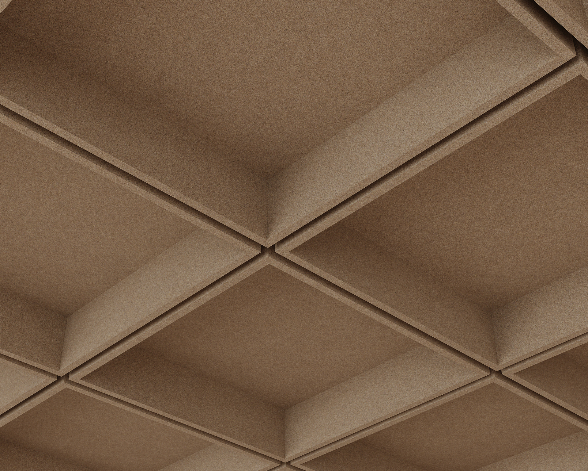 Close-up of a beige grid pattern resembling a waffle shape, with square recessed sections creating a 3D effect in acoustic felt. The material appears textured, creating depth and shadow.