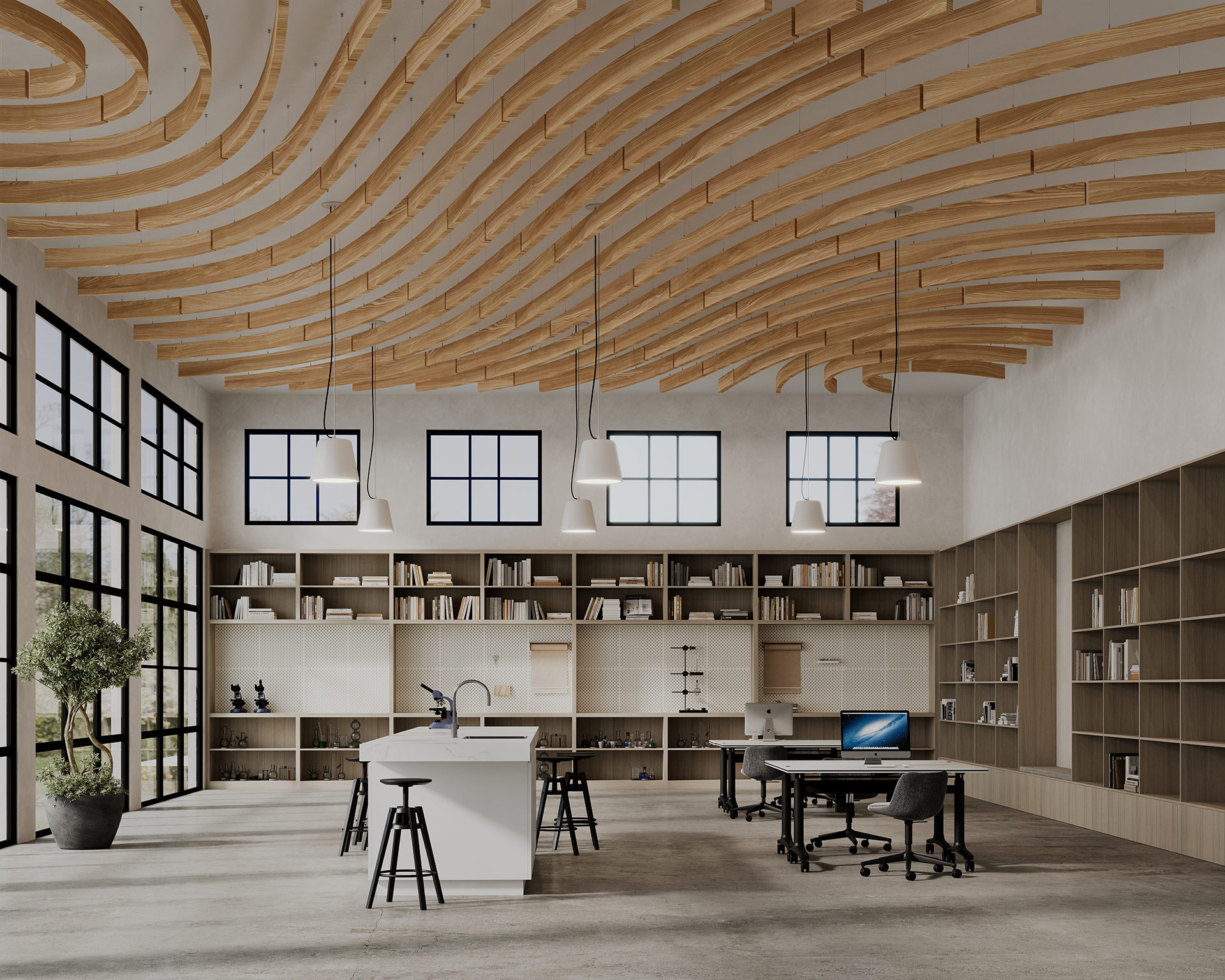 A modern office space with a high ceiling featuring woodprint wave-like acoustic felt baffles. It includes work tables, high stools, a desk with a computer, bookshelves, large windows, and a potted plant, creating an open and airy atmosphere.