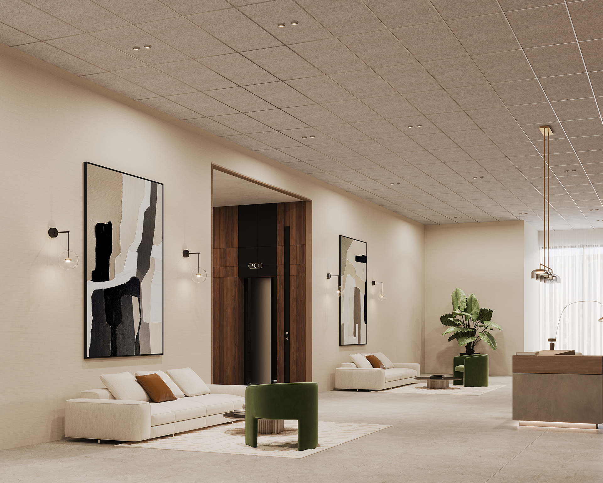 A modern lobby with minimalist design features two white sofas, abstract wall art, and green ottomans. A brown reception desk is on the right, beneath an acoustic felt ceiling paneled ceiling. Large plants and subtle lighting enhance the neutral tones, creating a space filled with staple essentials.
