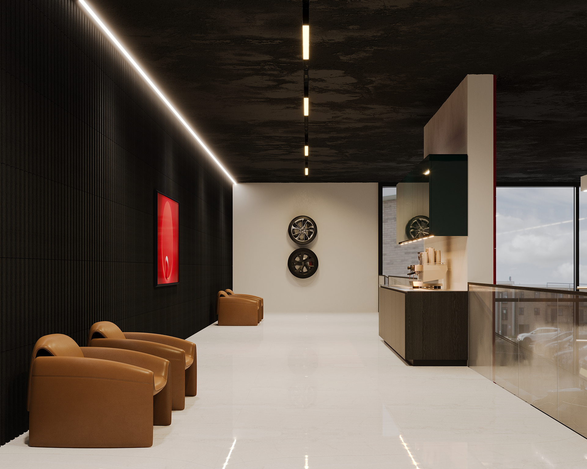 A modern, minimalist room with black walls and a sleek white floor. Brown, curved chairs line one side, while acoustic felt wall panels enhance the ambiance. A vivid red abstract painting hangs nearby. The space features circular wall decorations and a small, stylish coffee counter.