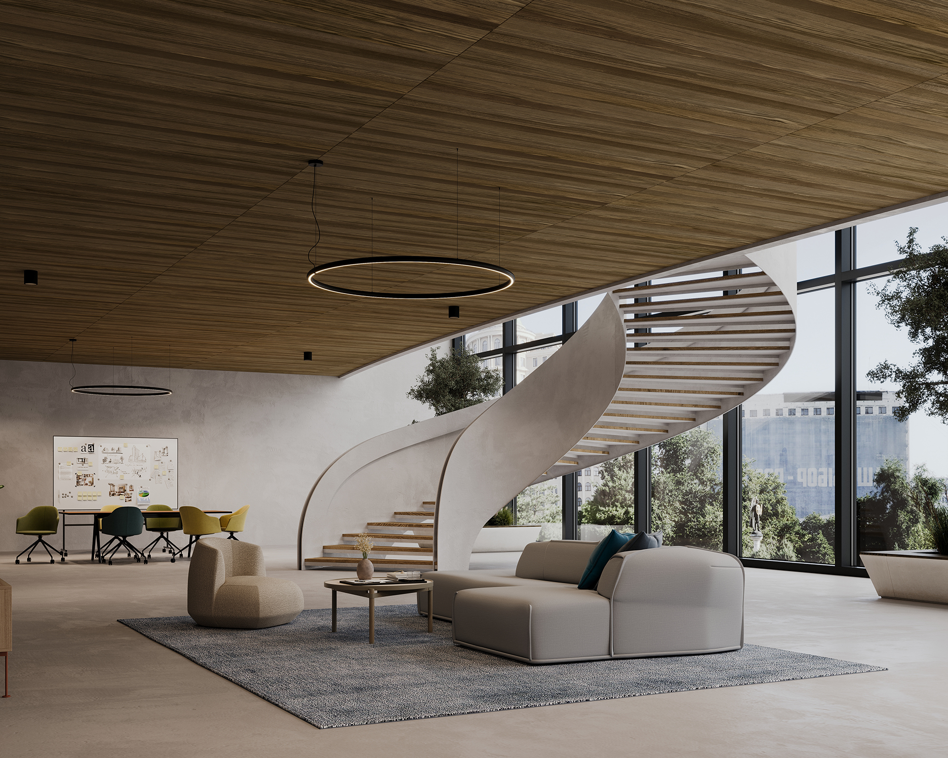 Modern interior with a spiral staircase, large windows, and a woodgrain acoustic felt ceiling. A cozy seating area with sofas and carpet occupies the foreground. A conference table is visible in the background, complemented by circular lights and indoor plants. Acoustic felt panels subtly enhance the ambiance.