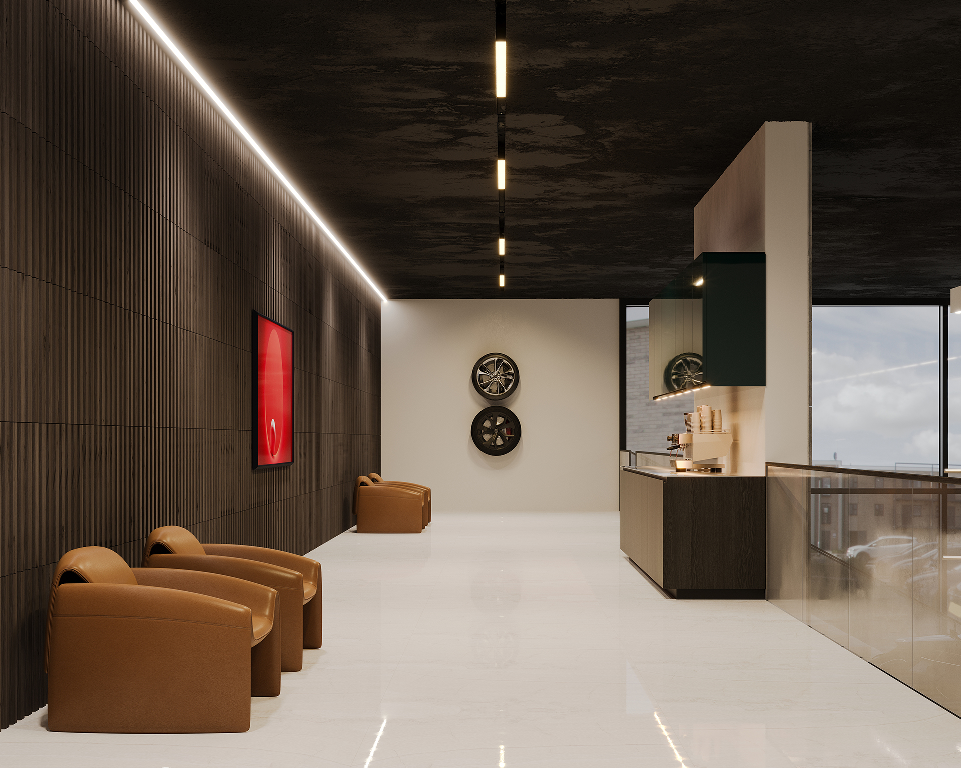 A modern lobby showcases minimalist design with brown leather chairs. Art pieces adorn the walls near an acoustic felt wall, and a reception desk is visible. The space is well-lit, enhanced by ceiling lights, and a large window reveals a cityscape view.